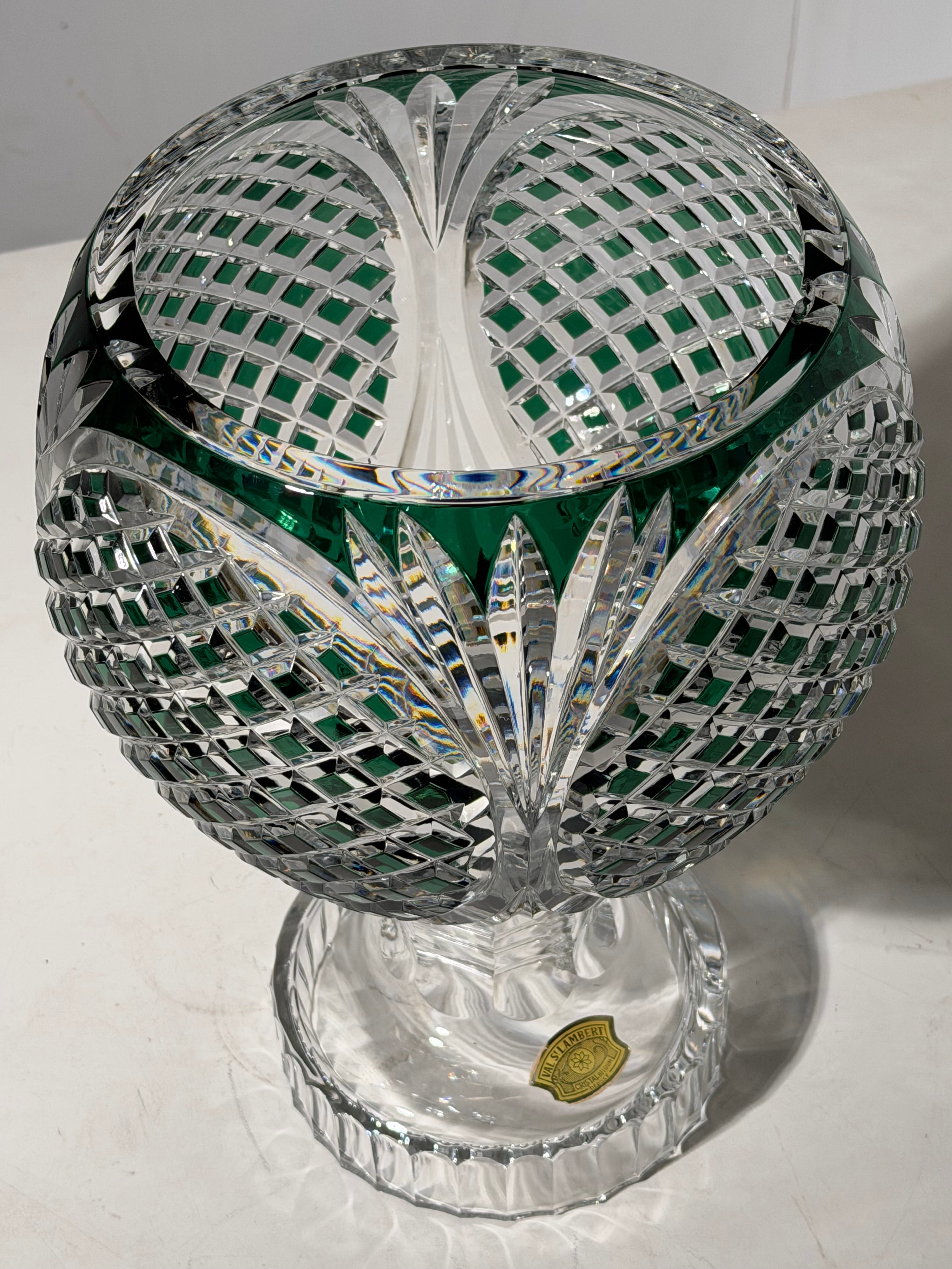 Val Saint Lambert Zorba Crystal Vase – Green Overlay Cut Crystal – H 40 cm