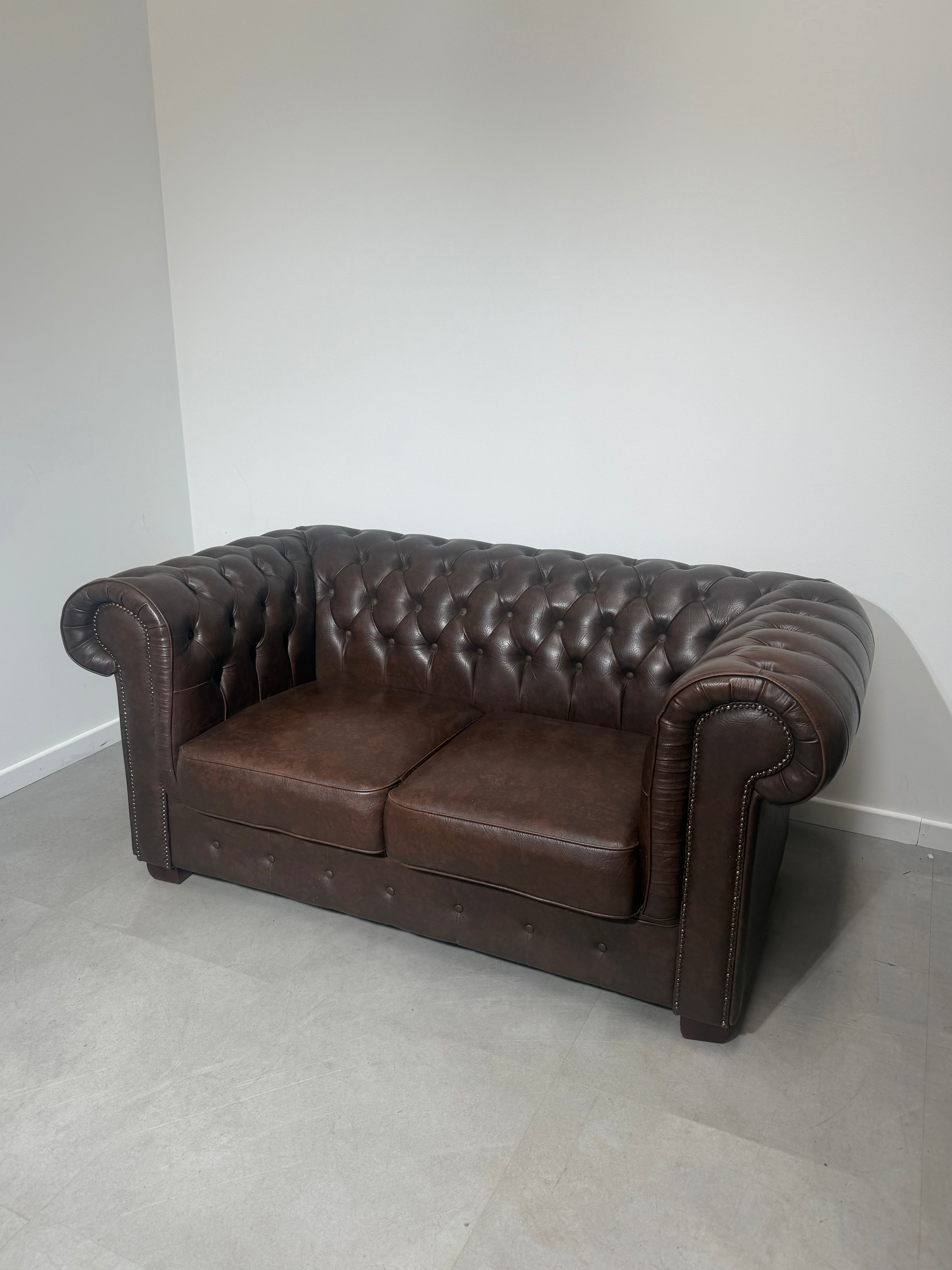 Vintage Chesterfield Two-Seater Sofa – Tobacco Brown Faux Leather