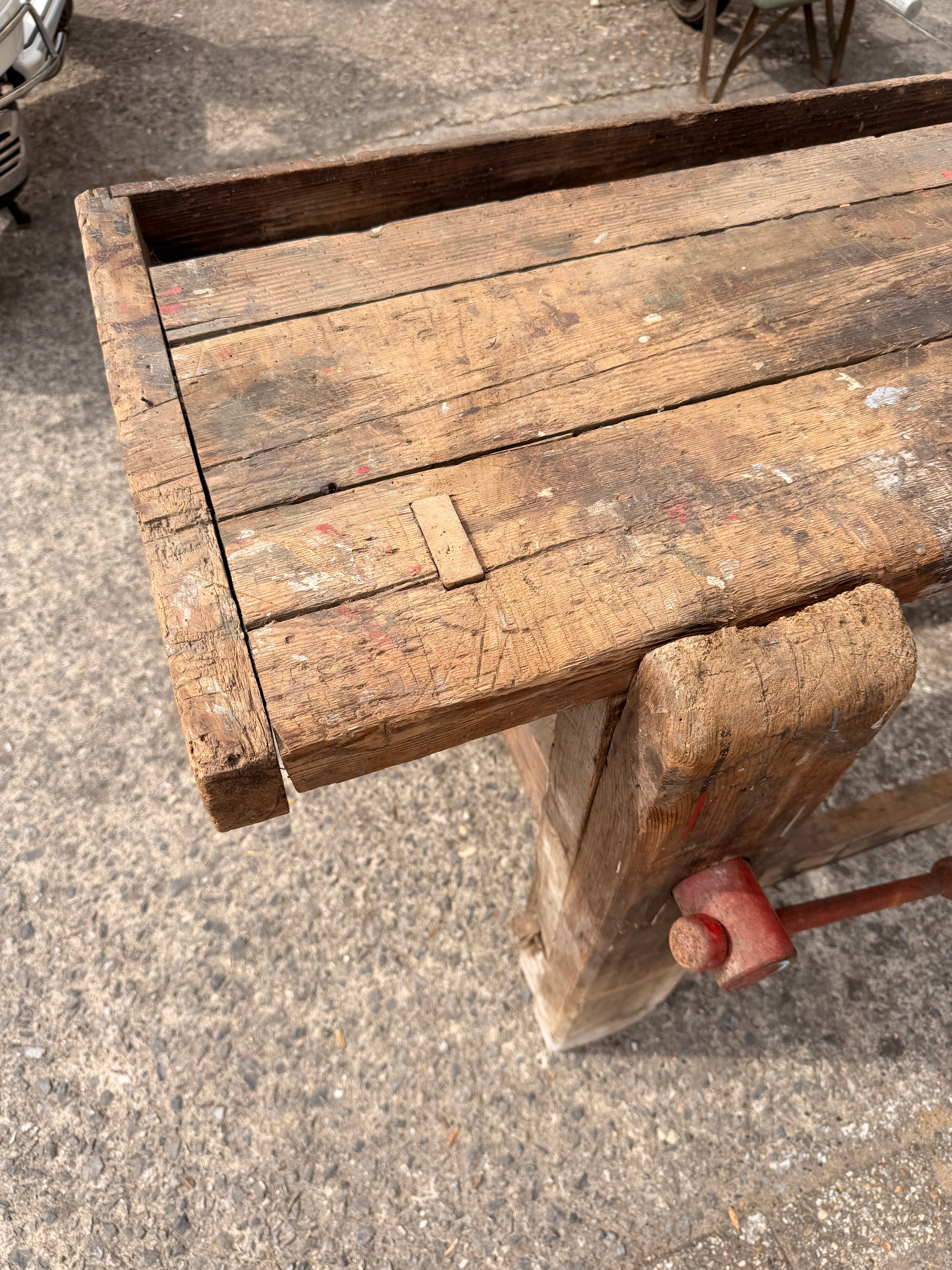 Solid Wood Carpenter’s Workbench with Original Cast Iron Vice