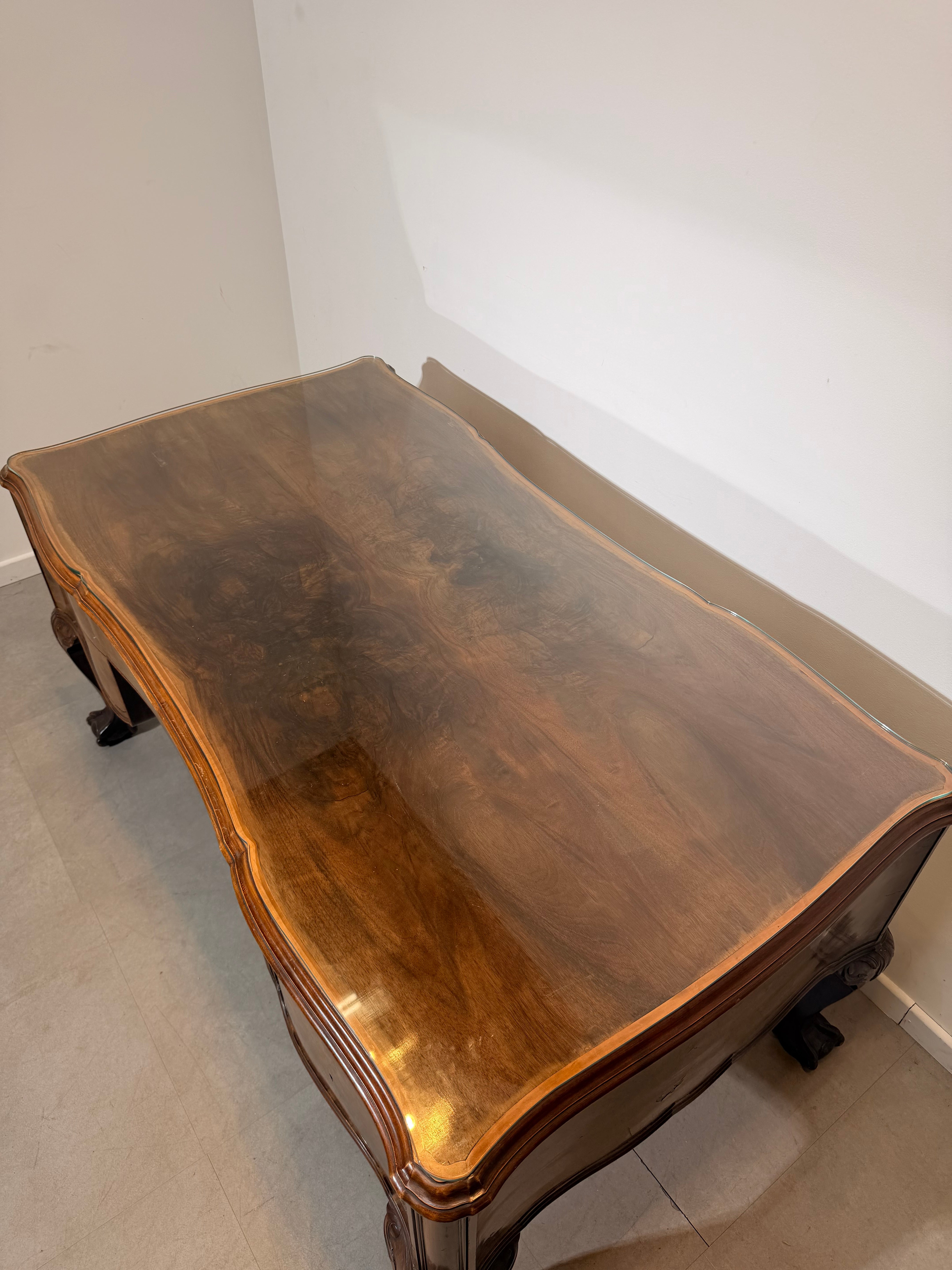 Antique Burr Walnut Partner’s Desk with Glass Top "chippendale"