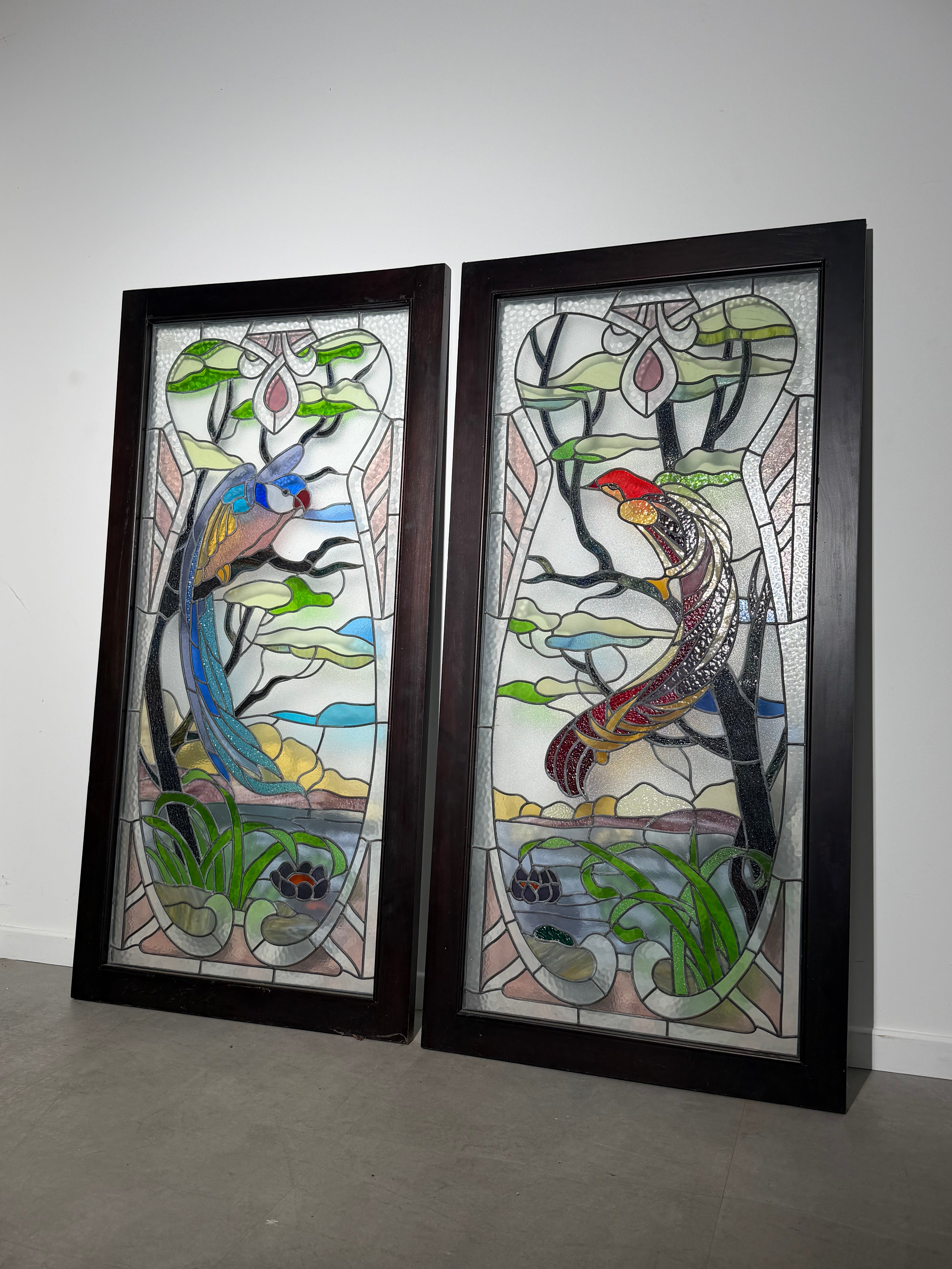 Pair of Antique Stained Glass Panels with Exotic Birds