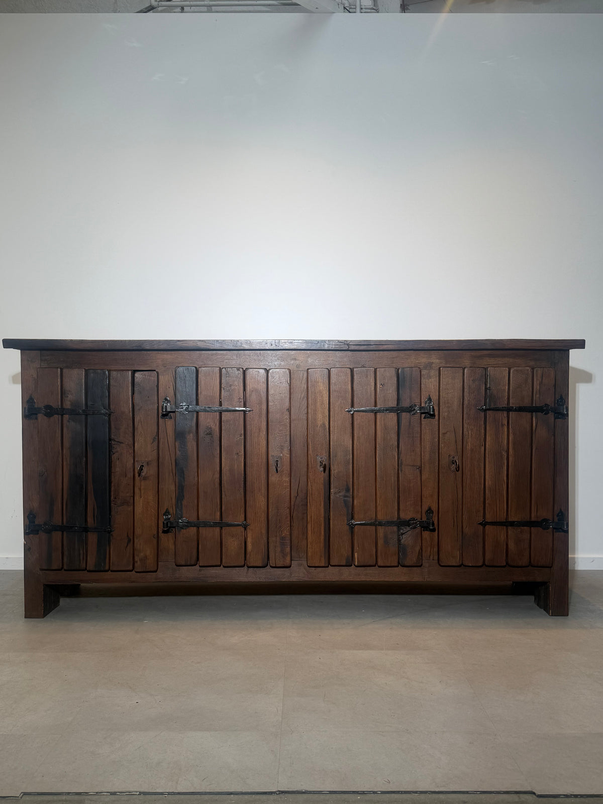 Large Brutalist Solid Wood Sideboard with Hand-Forged Iron Hardware