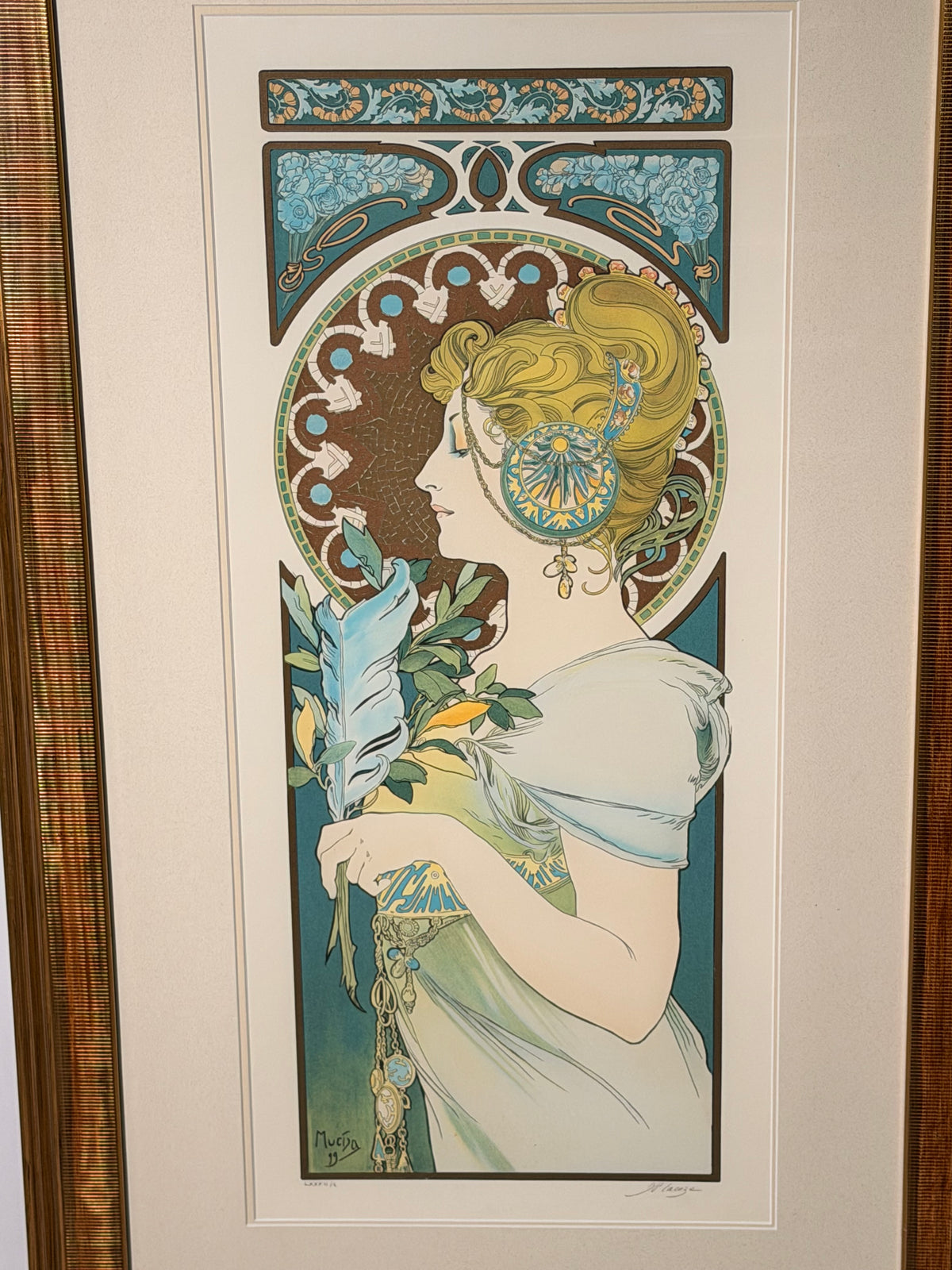 After Alphonse Mucha – Primrose & Feather – Set of Two Framed Colour Lithographs