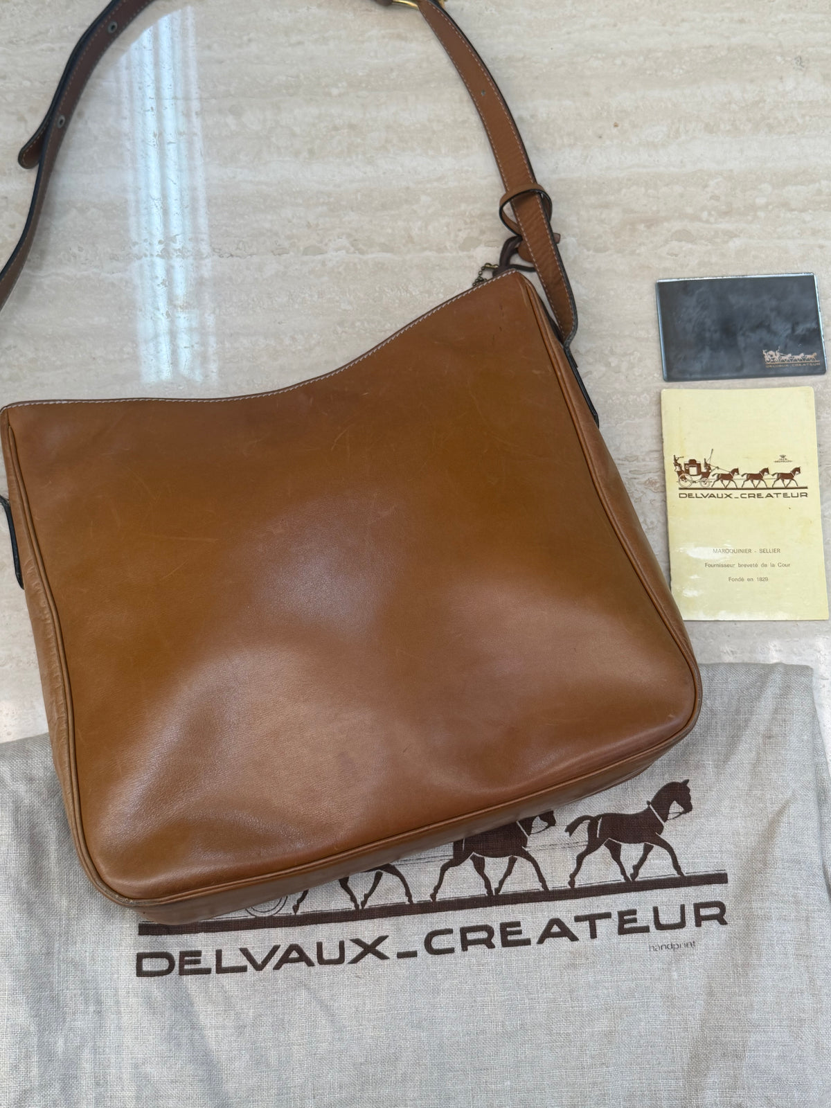 Vintage Delvaux Cognac Leather Shoulder Bag – With Dust Bag, Mirror & Certificate