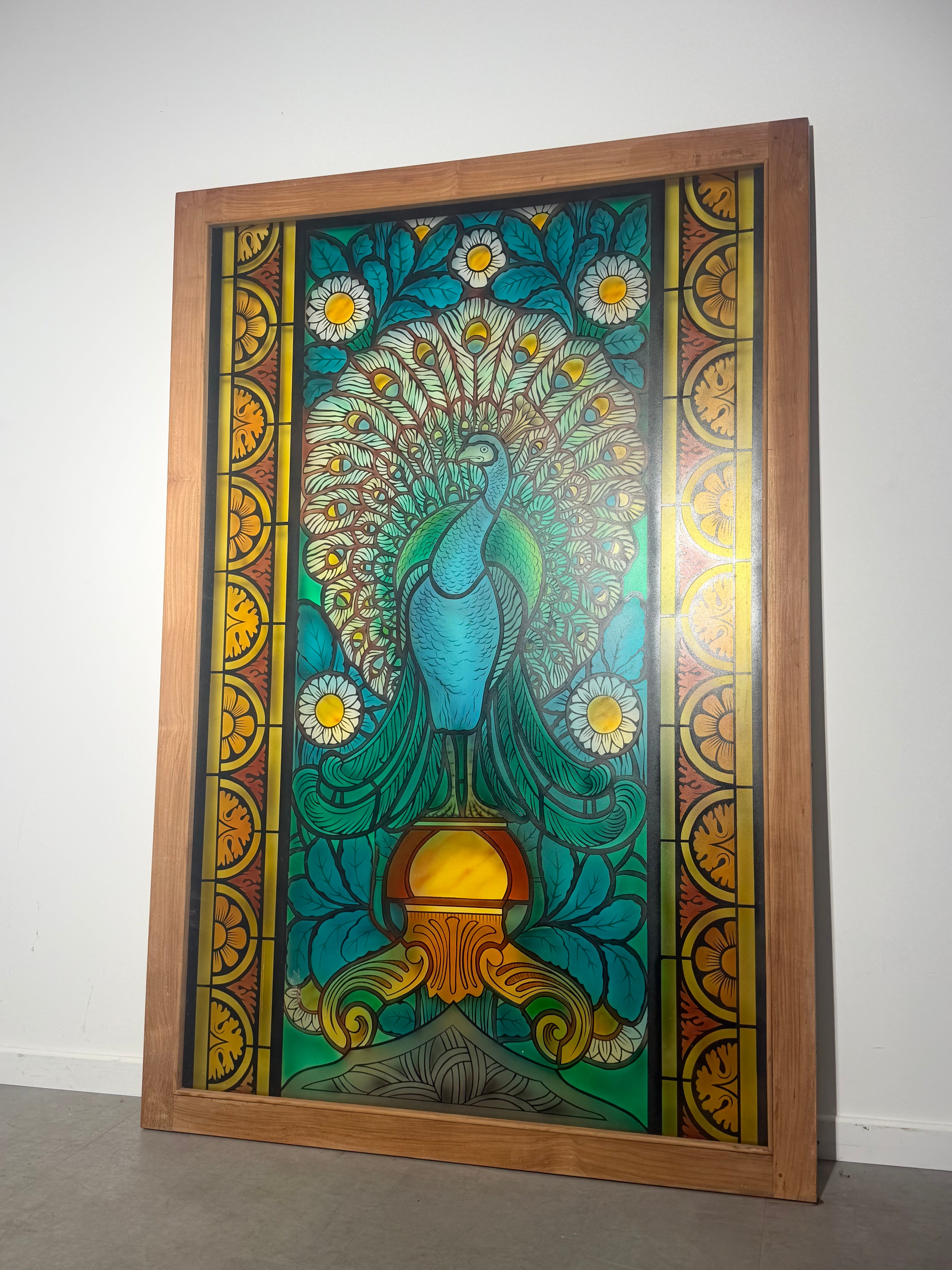 Large Decorative Stained Glass Peacock Panel