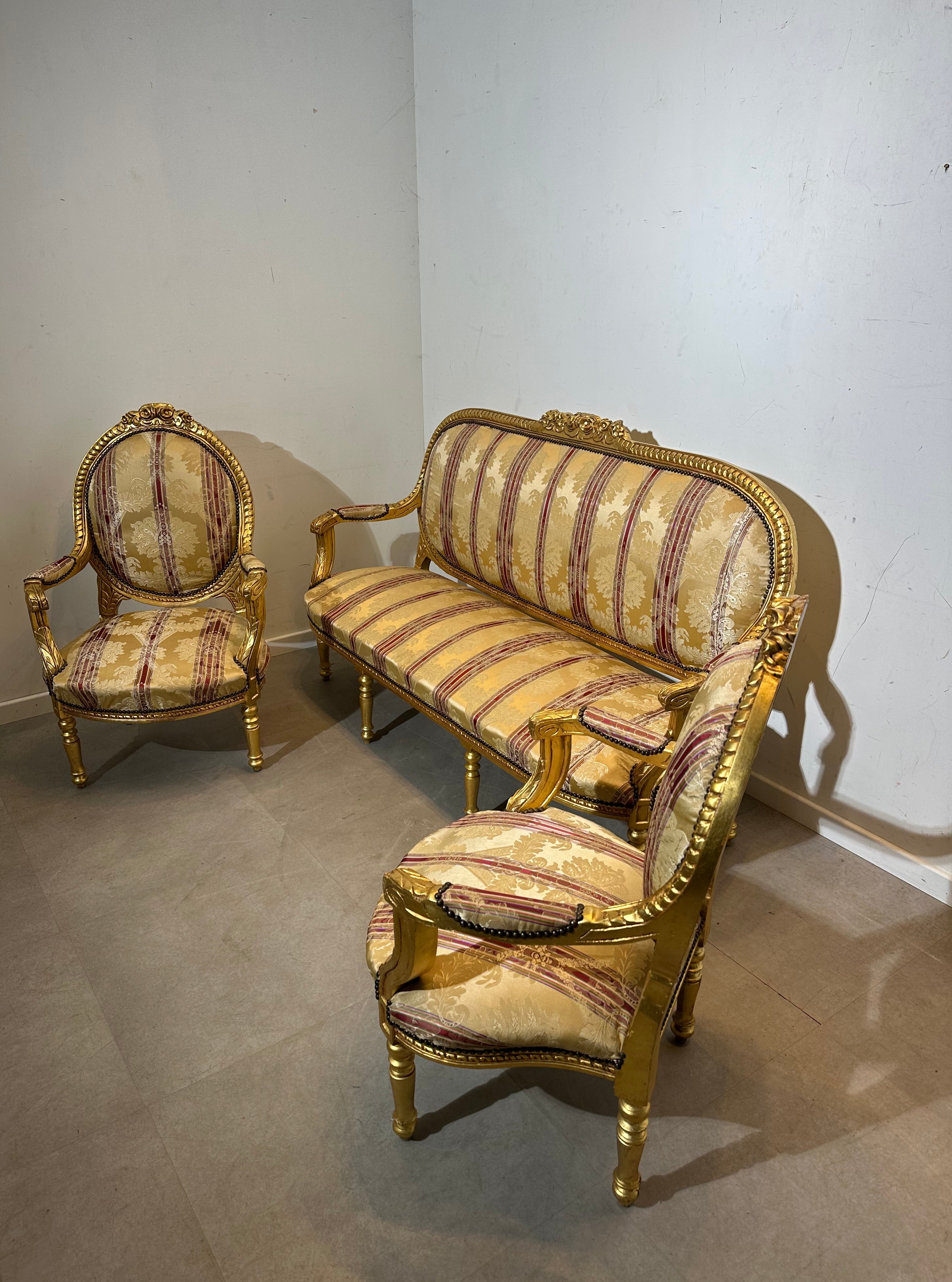 Antique French Louis XVI Style Salon Set + Marble Coffee Table