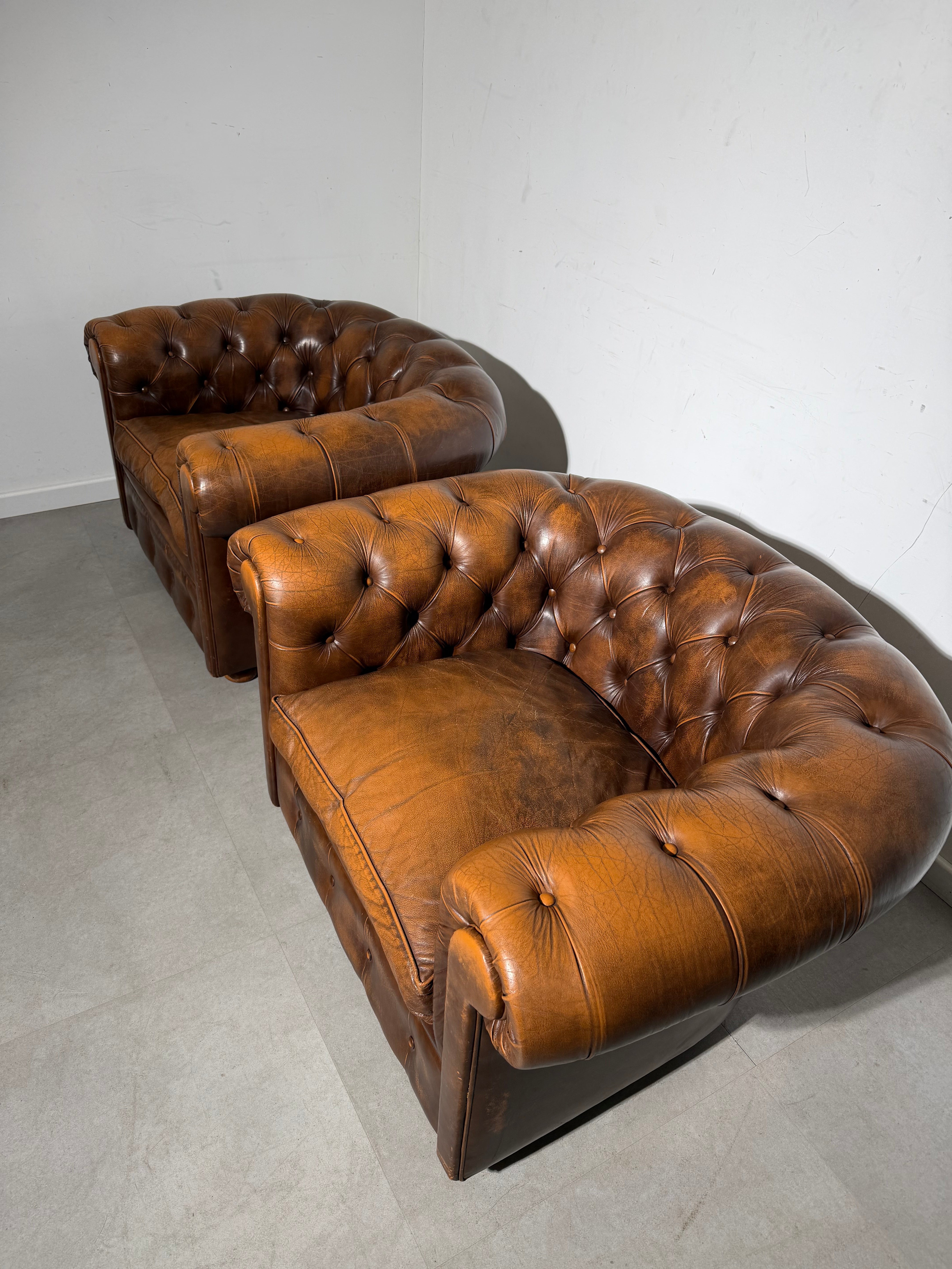 Pair of Vintage Chesterfield Club Chairs in Cognac Leather – Beautiful Patina