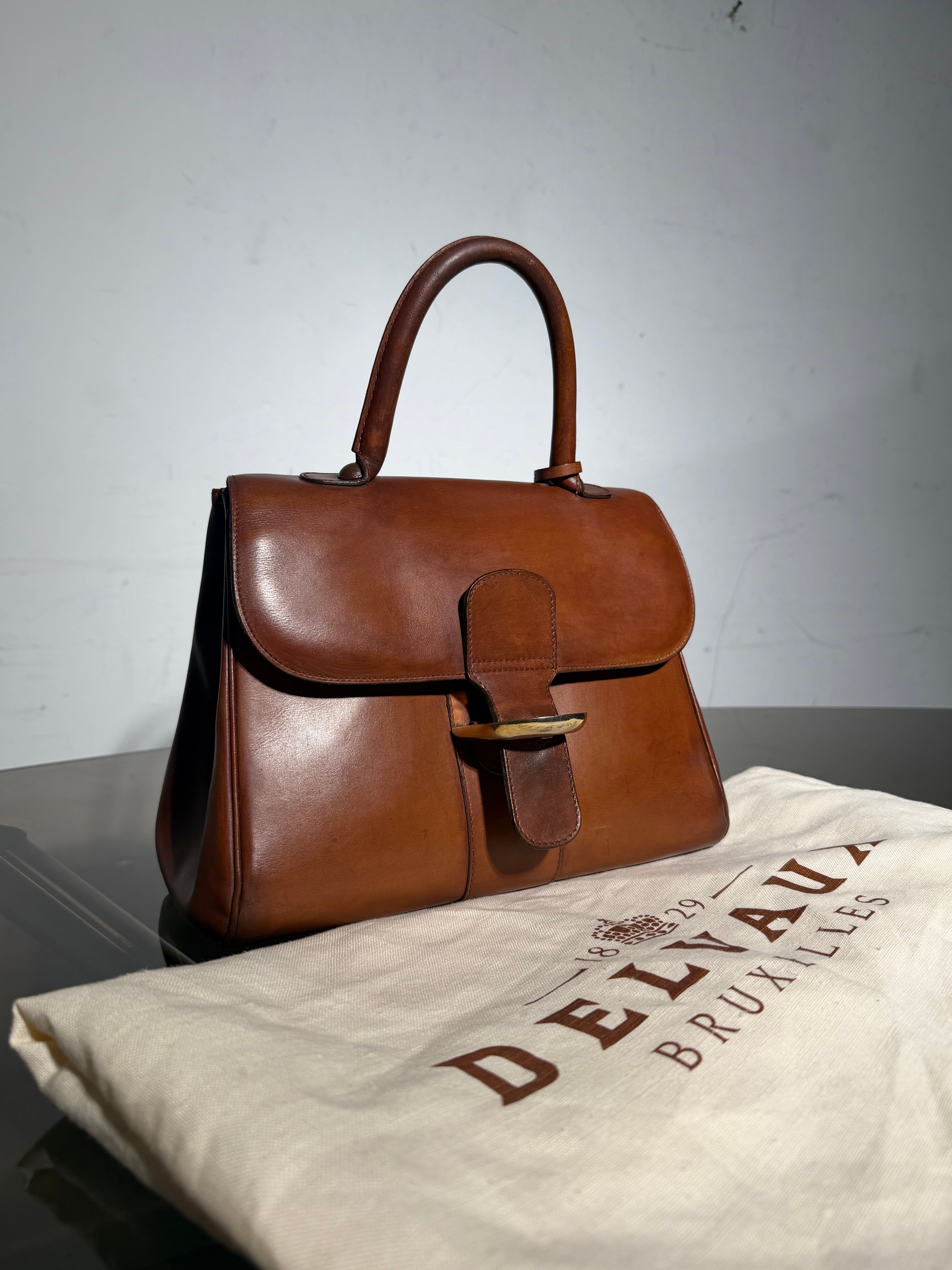 Delvaux Brillant MM Handbag Cognac Brown Leather With Mirror & Dustbag