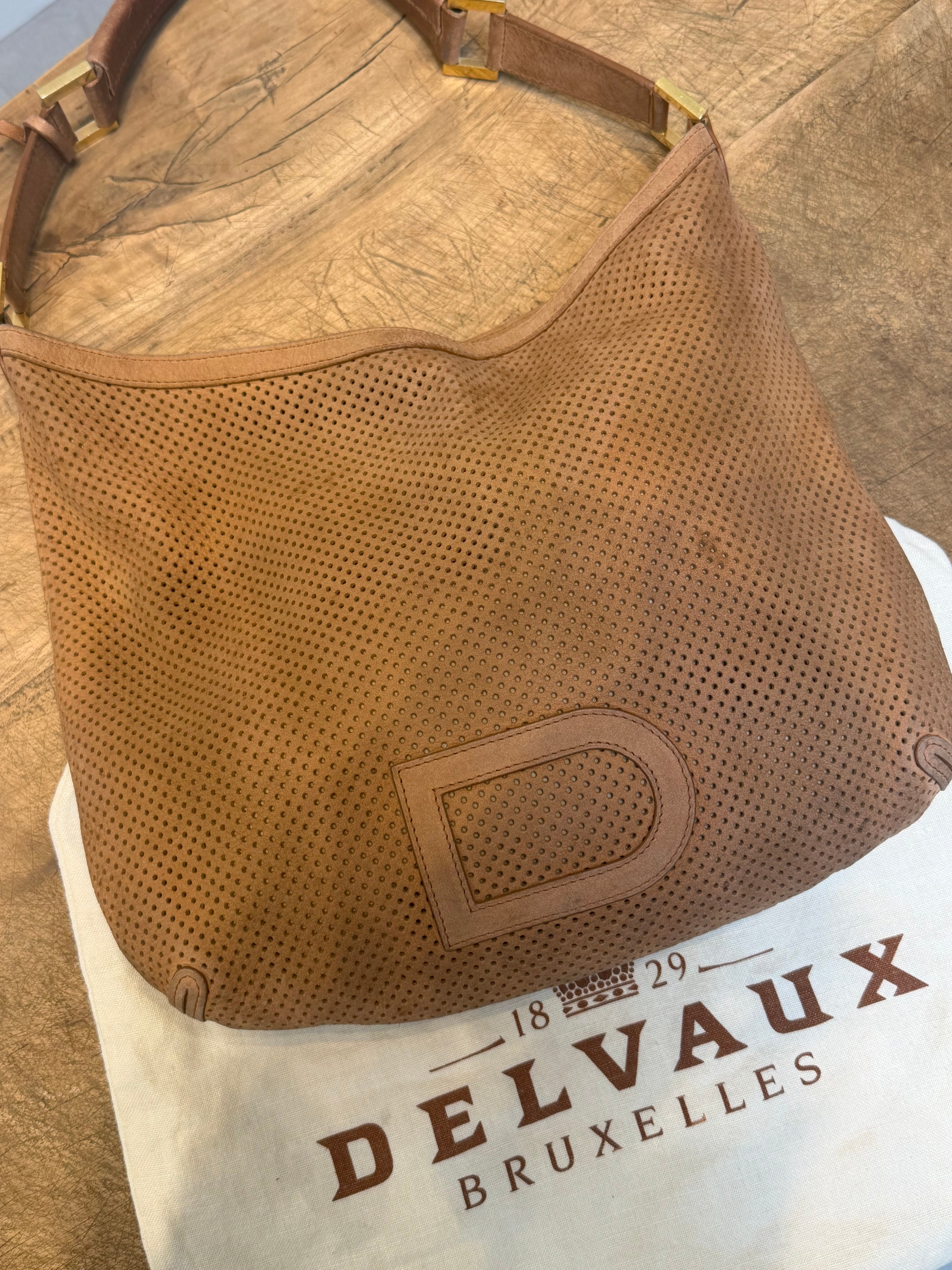 Vintage Delvaux “Louise” Perforated Leather Handbag – Cognac Brown – 30 x 30 cm