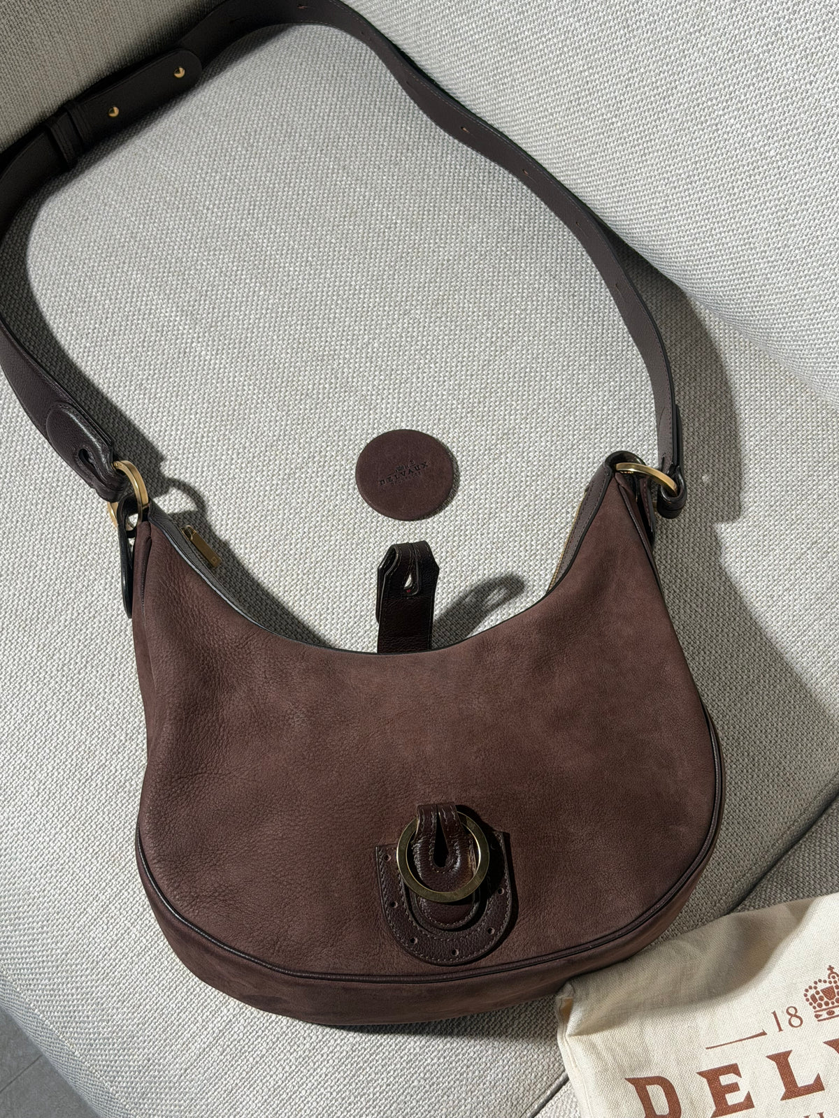 Delvaux Camille PM Shoulder Bag in Brown Suede – With Dust Bag & Mirror