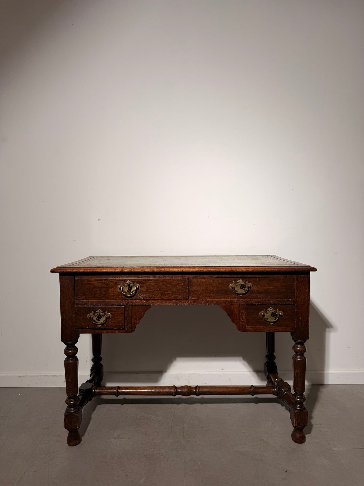 Antique Oak Writing Desk with Green Leather Top and Four Drawers