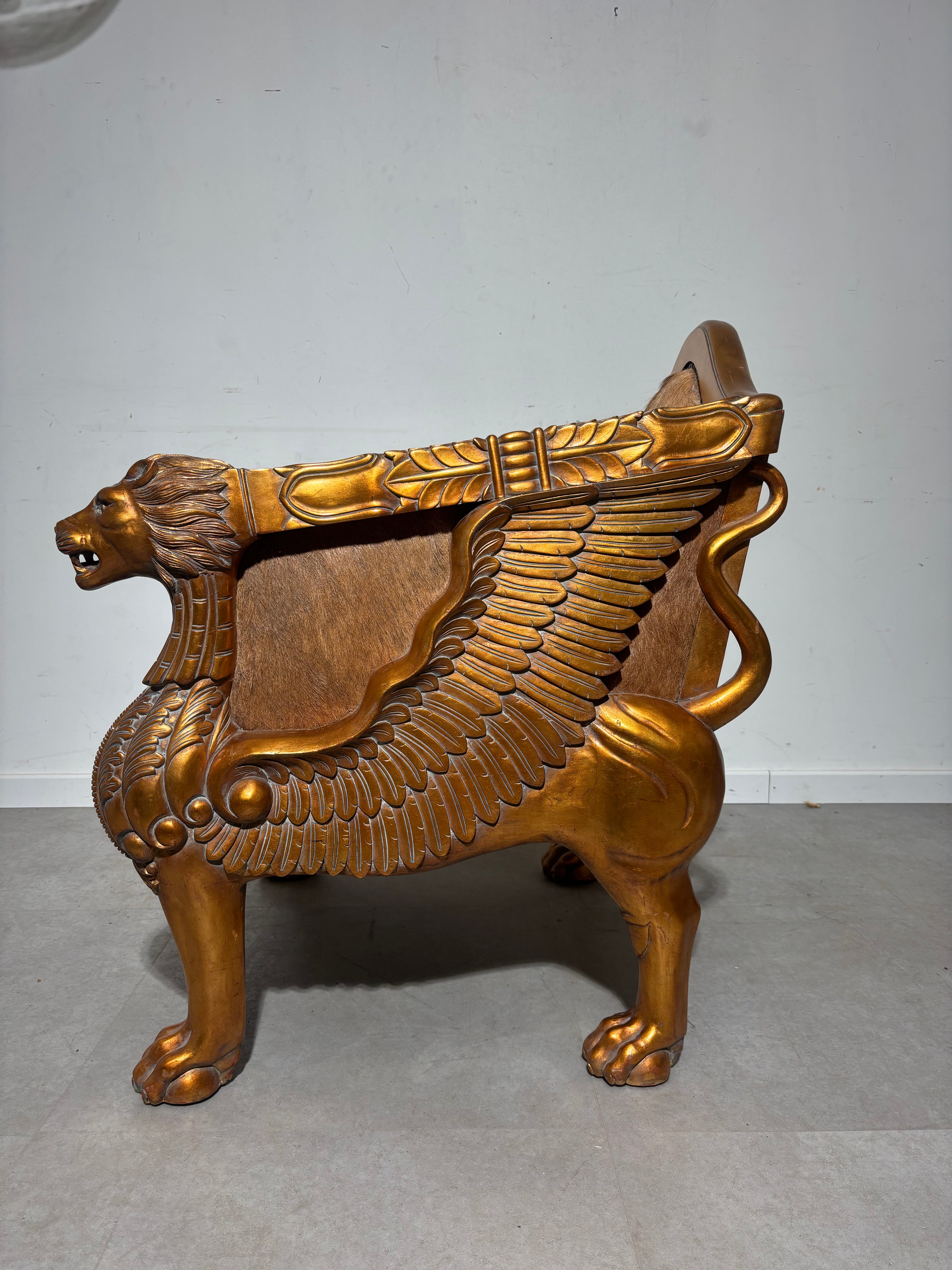 Regal Lion Throne Armchair – Cowhide & Gilded Detail
