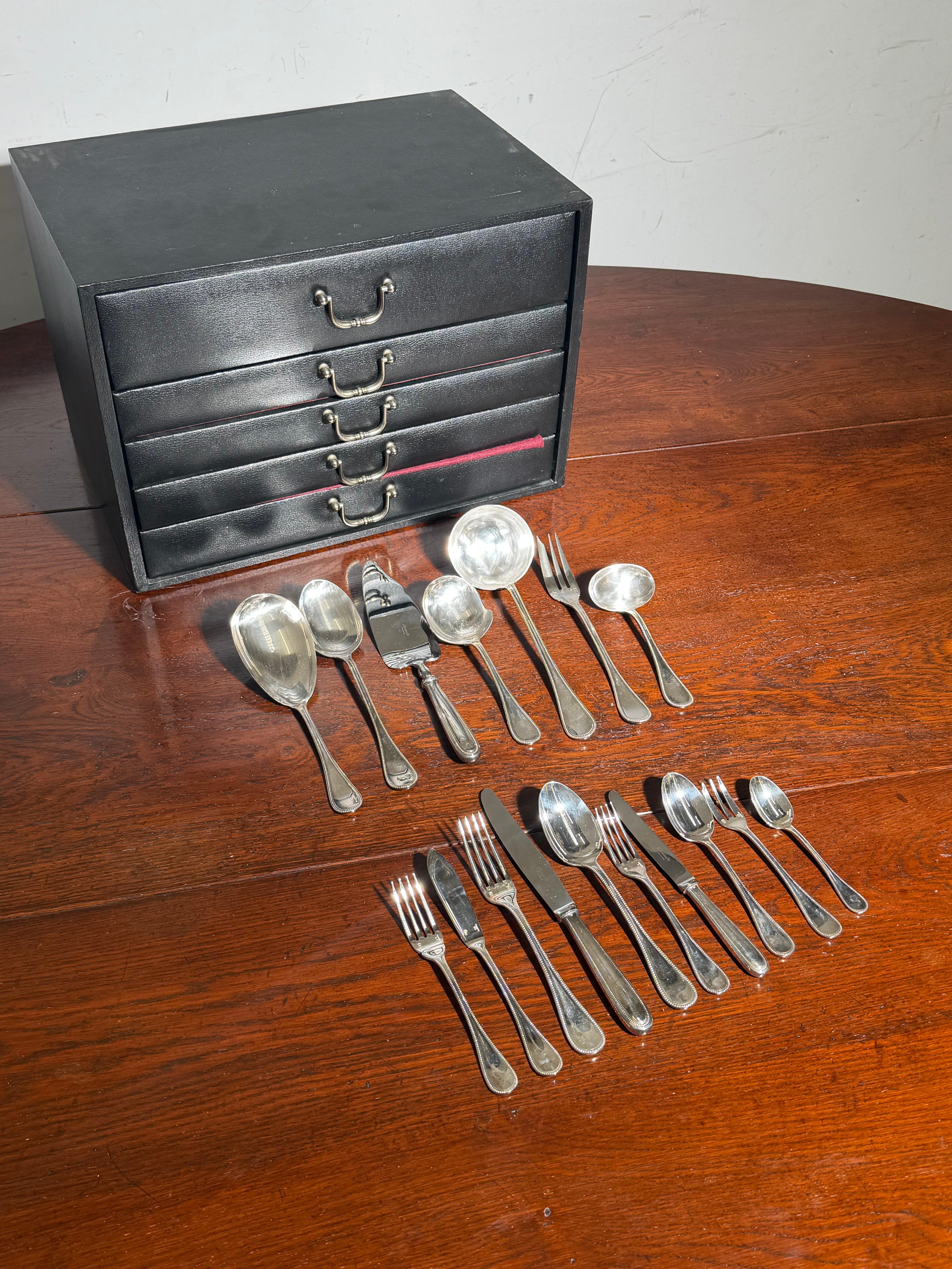 Christofle “Perles” Silver-Plated Cutlery Set with Anti-Oxidation Chest – 127 Pieces / 12 Persons