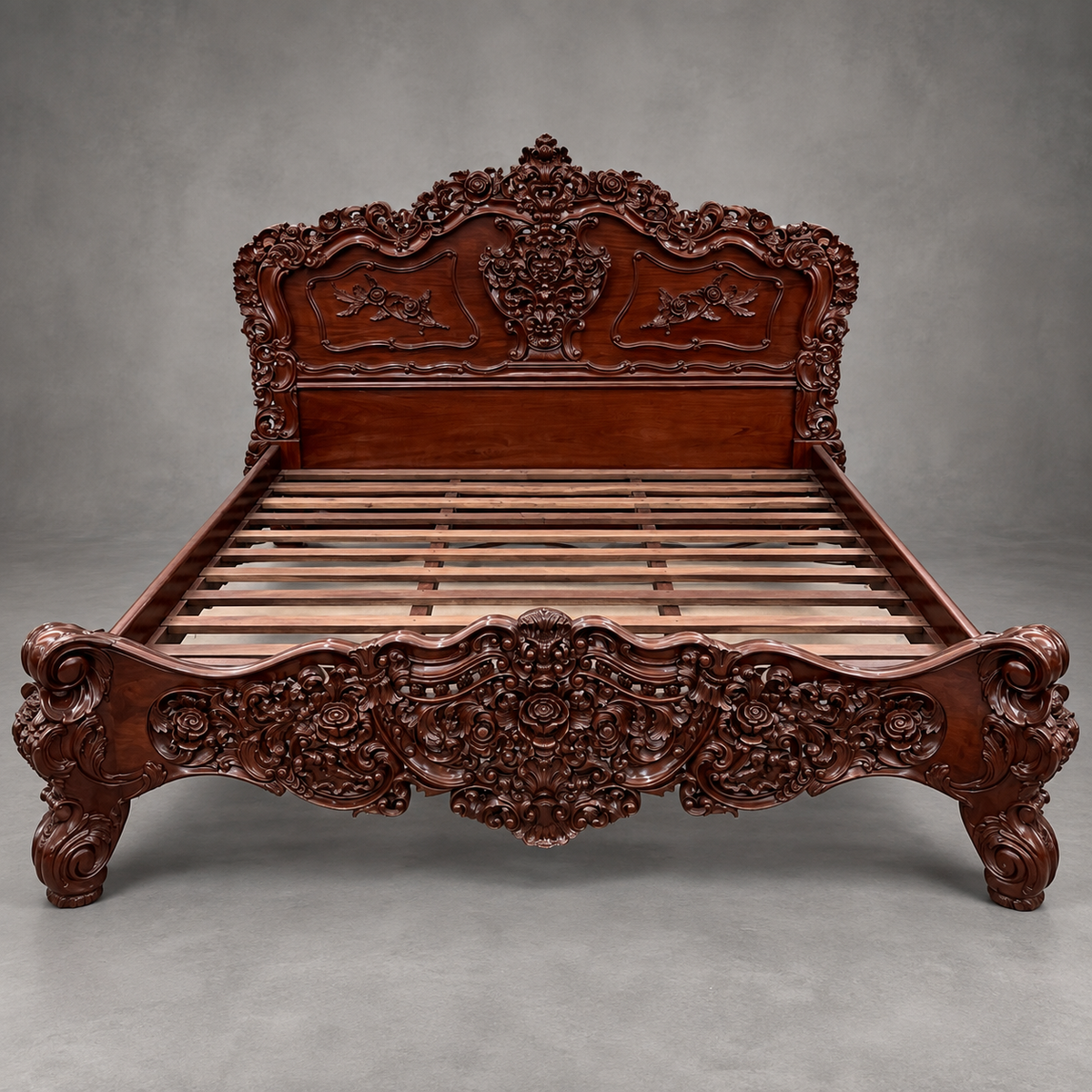 Ornately Carved Baroque Revival King Size Bed with Matching Nightstands