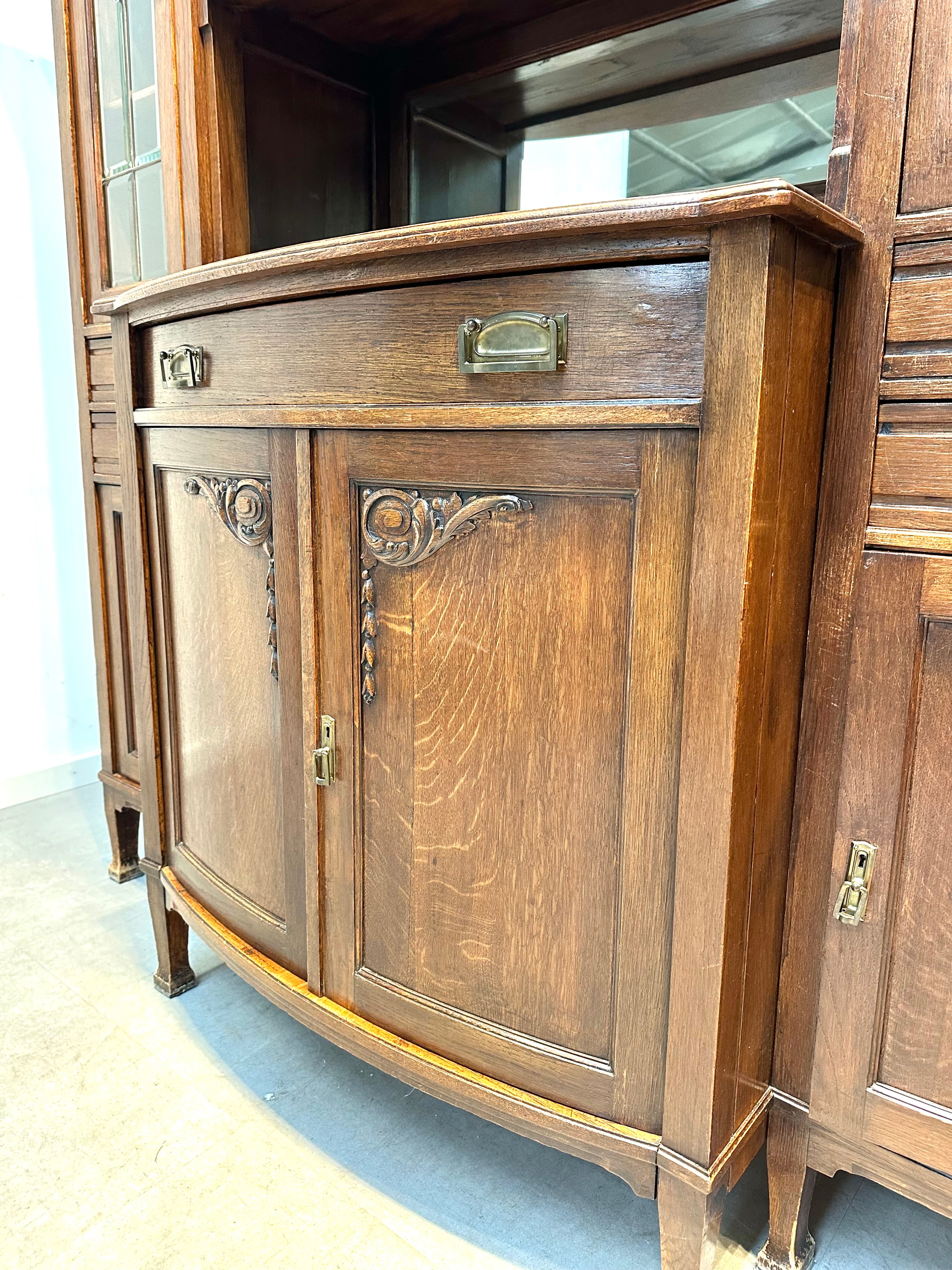 Art Nouveau Oak Buffet with Leaded Glass Doors