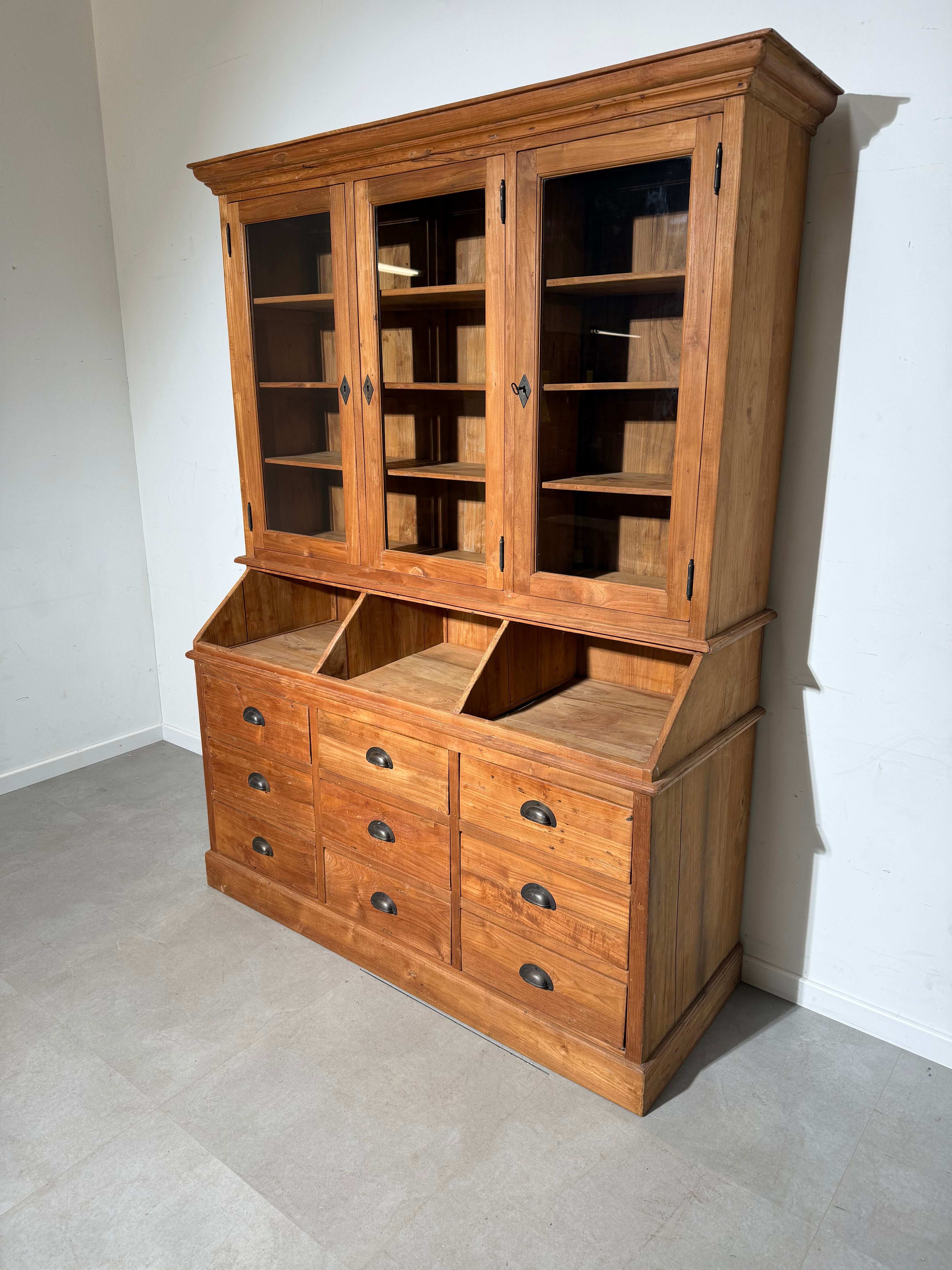 Teak Display Cabinet with Drawers and Glass Doors