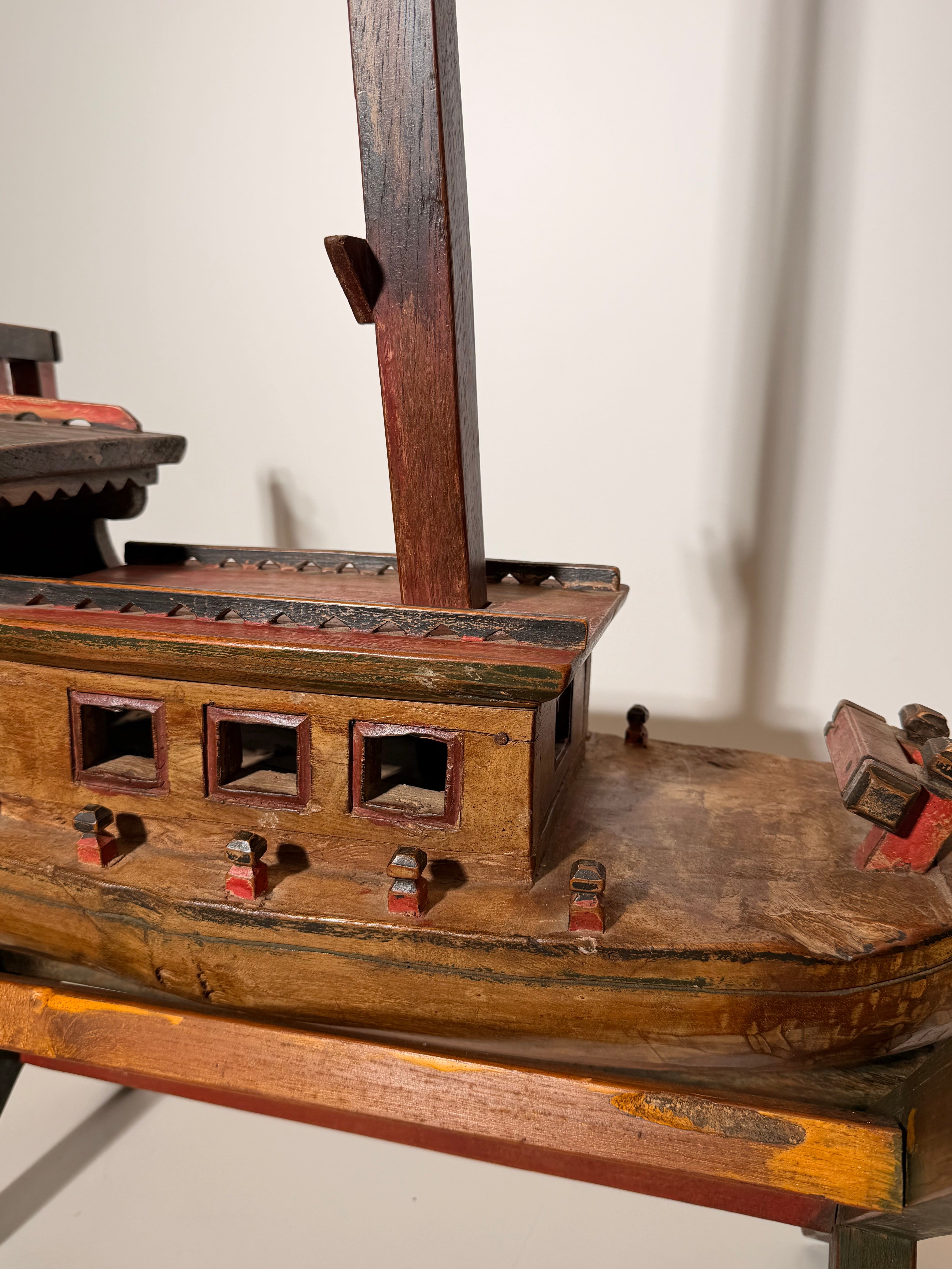 Antique Hand-Carved Wooden Fishing Boat Sculpture on Stand