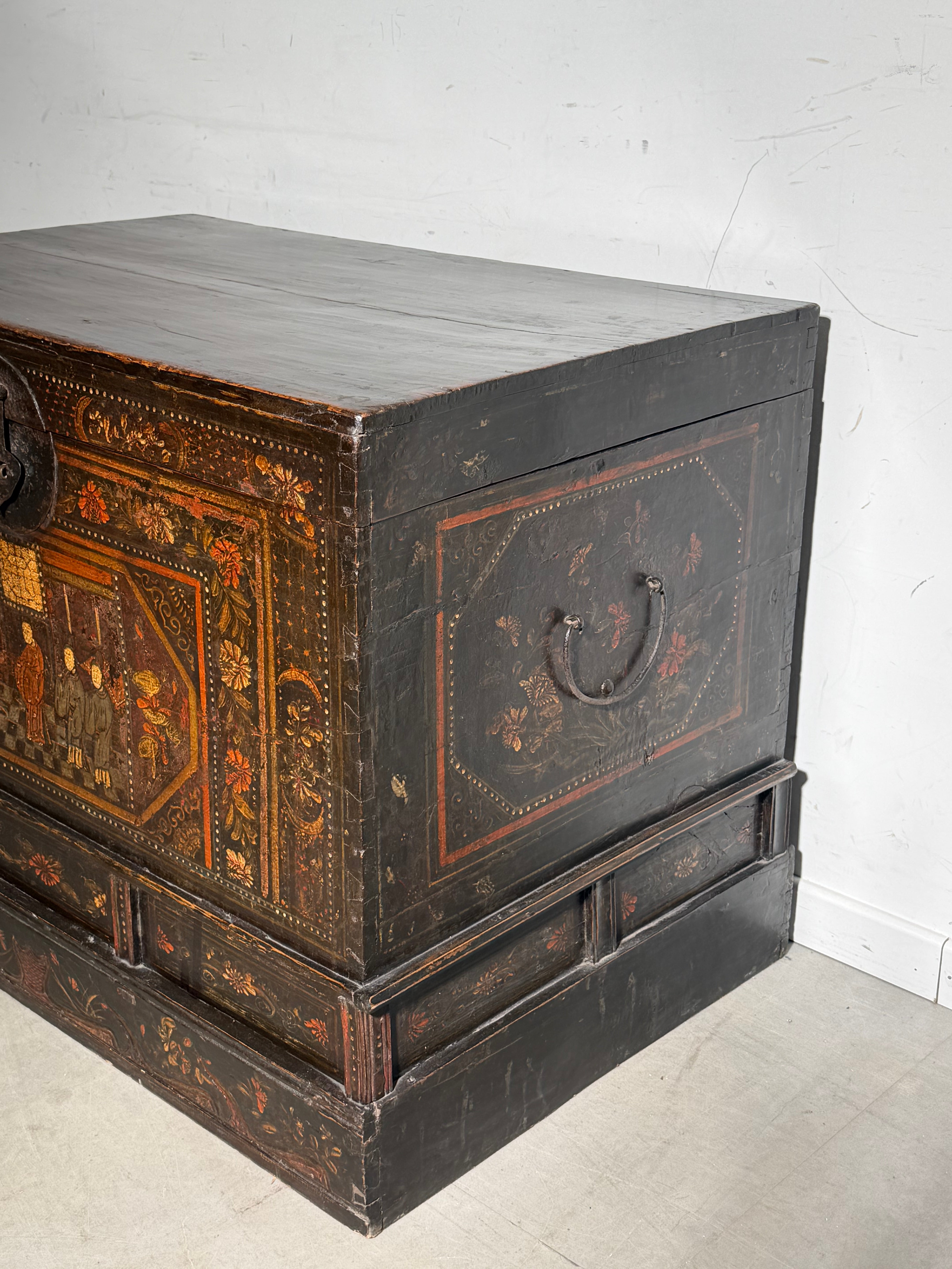 Antique Hand-Painted Wooden Chest – Oriental Scene – Storage Trunk