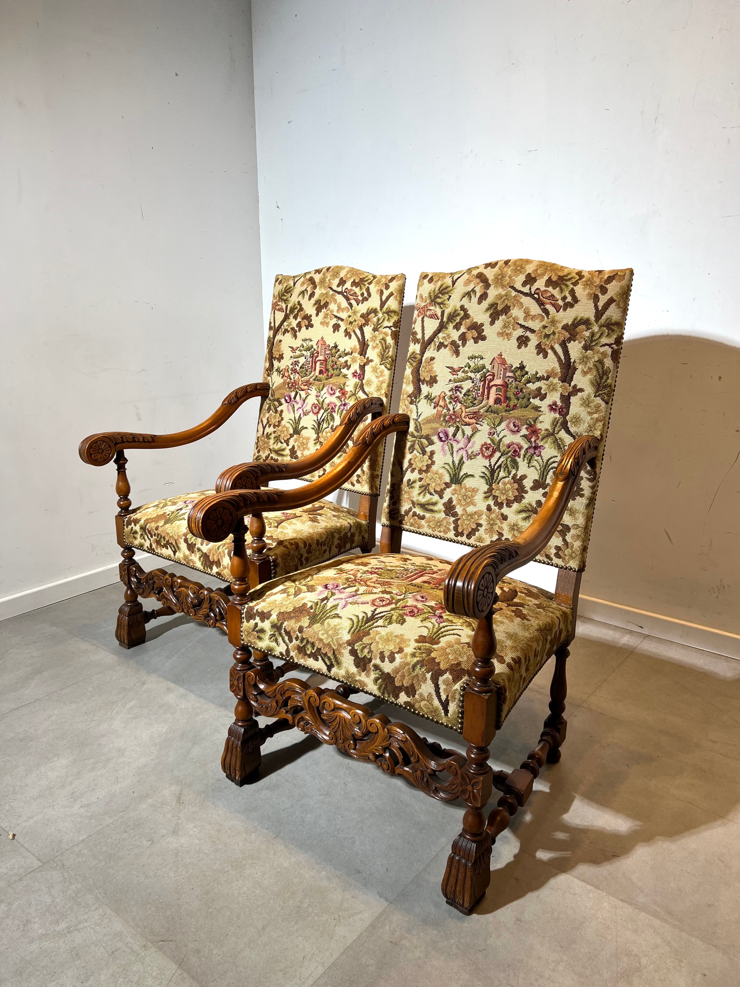 ge Carved Wooden Armchair with Tapestry Upholstery