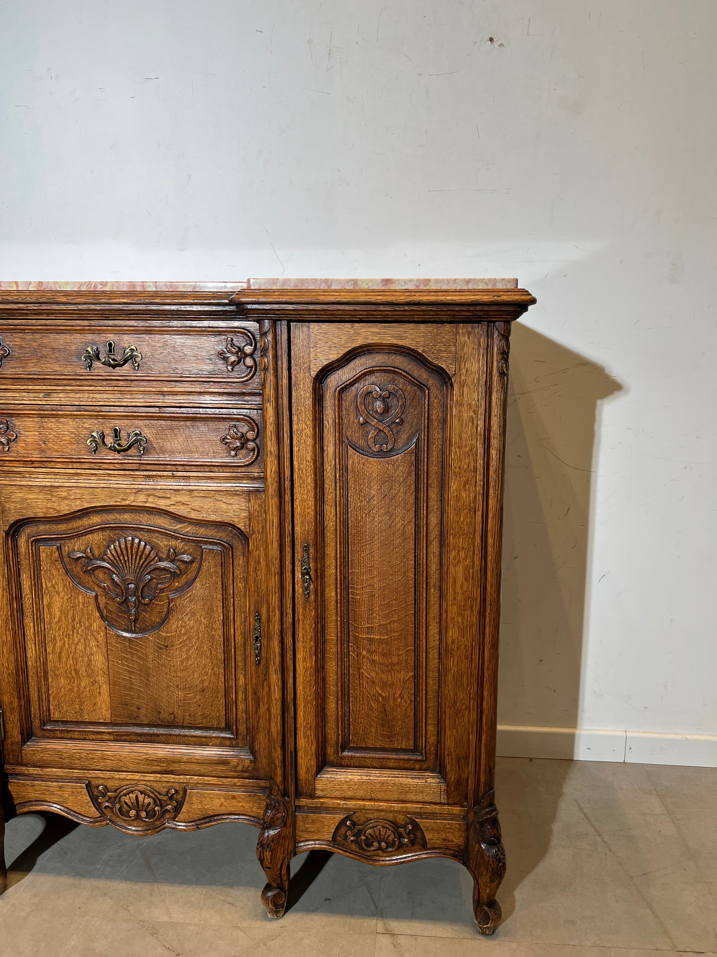 Antique Louis XV Style Oak Sideboard with Marble Top