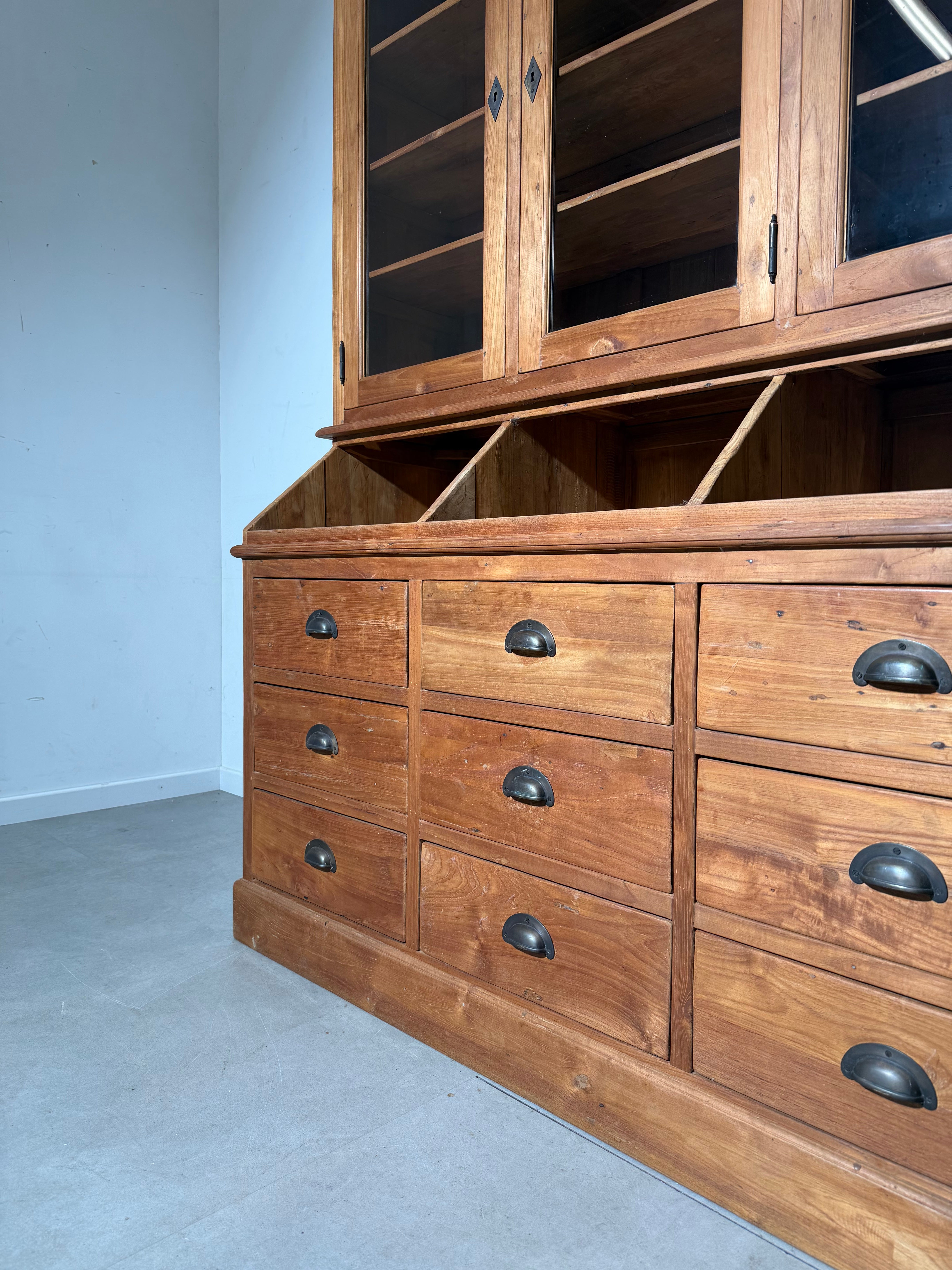 Teak Display Cabinet with Drawers and Glass Doors