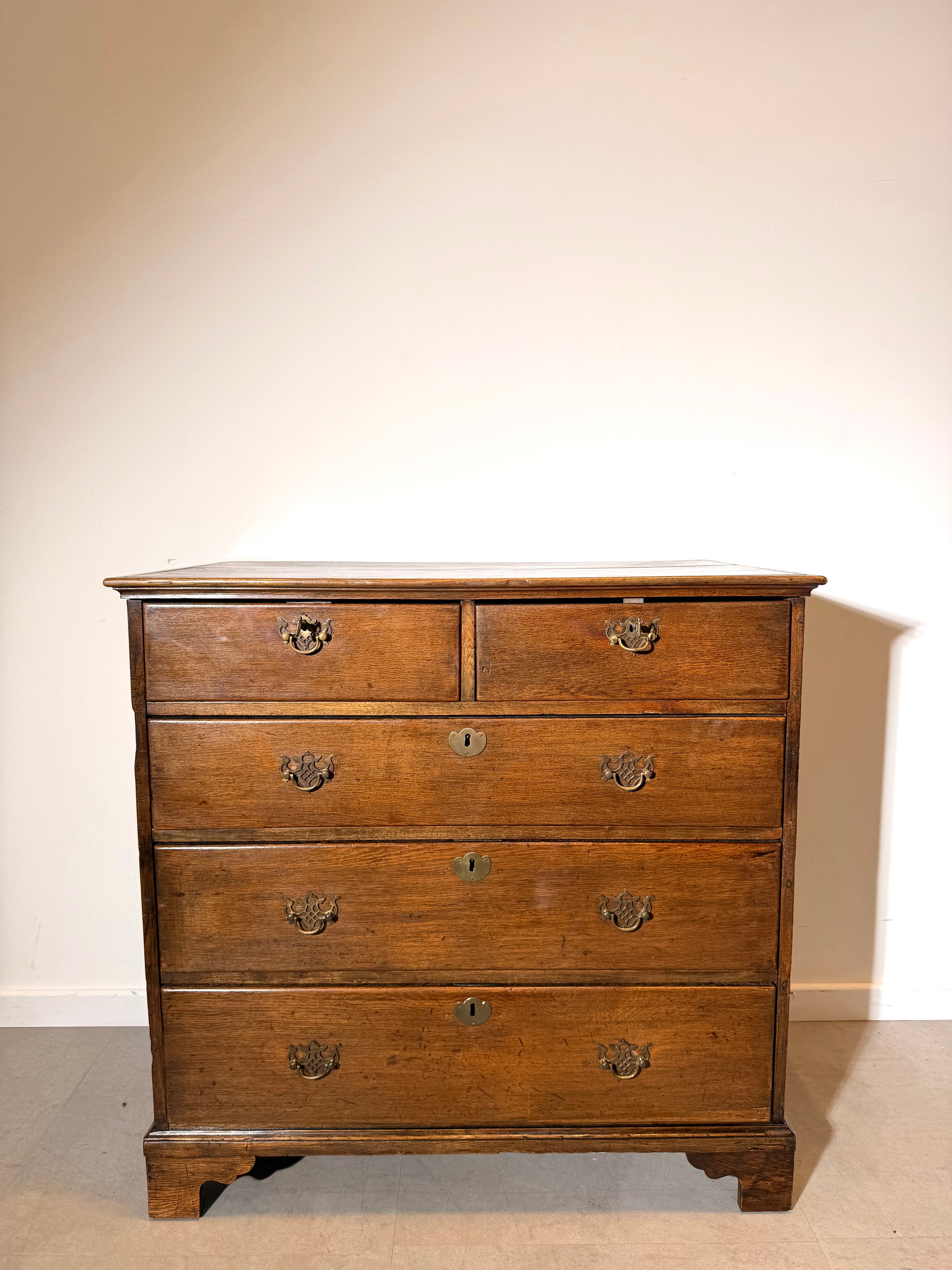 Antique English Oak Chest of Drawers with Brass Hardware