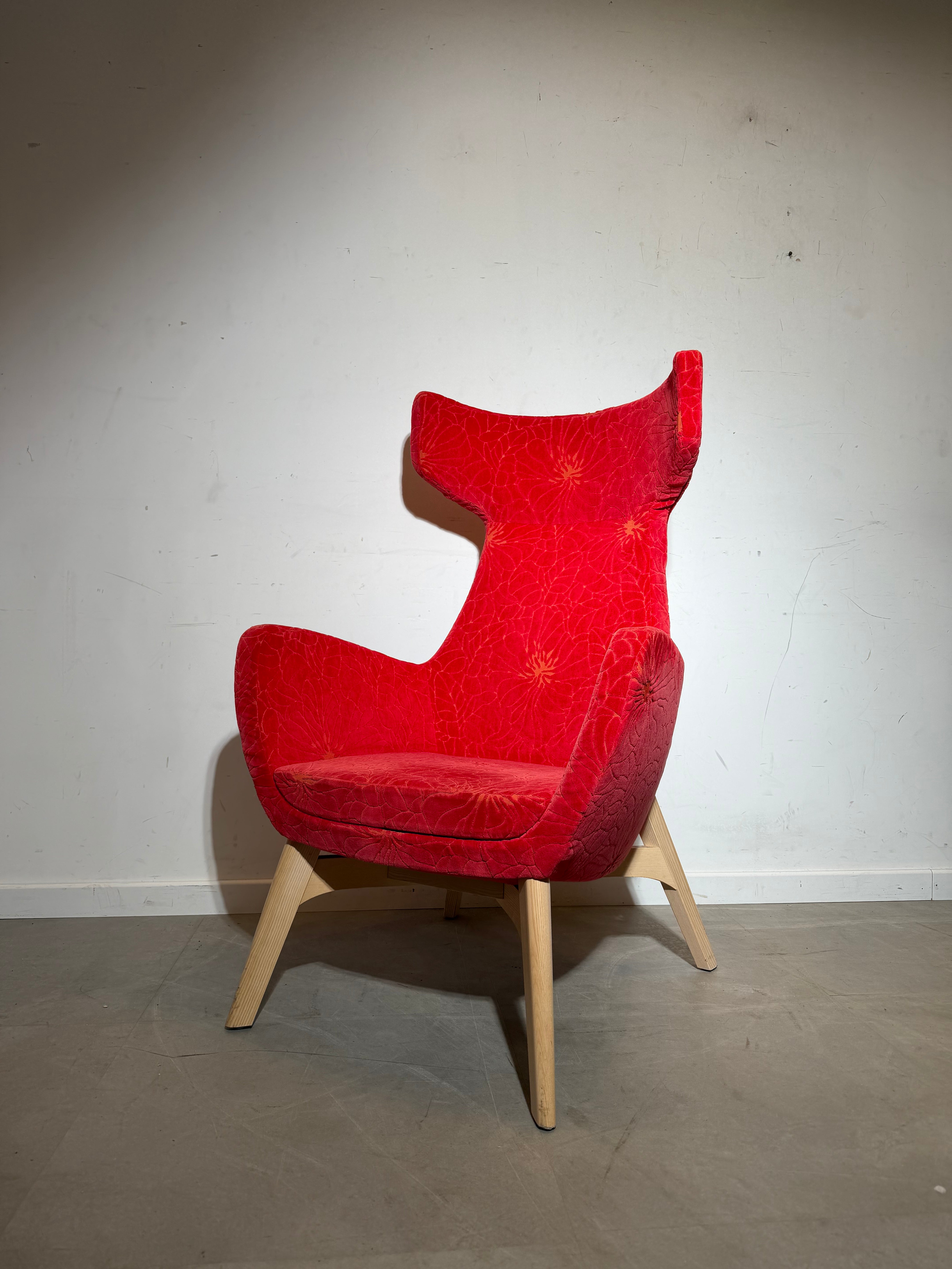 High Back Accent Lounge Chair in Red Floral Velvet