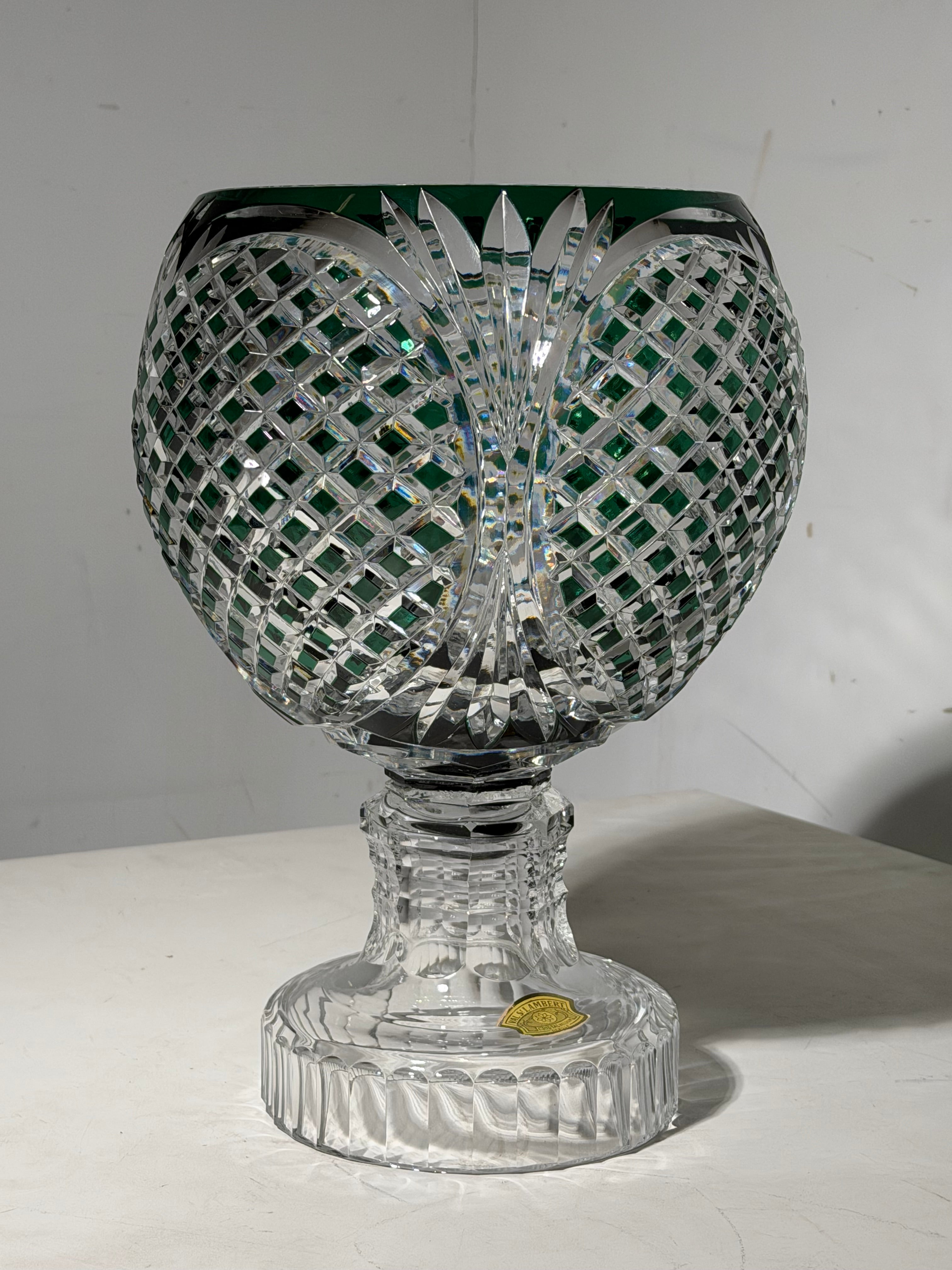 Val Saint Lambert Zorba Crystal Vase – Green Overlay Cut Crystal – H 40 cm