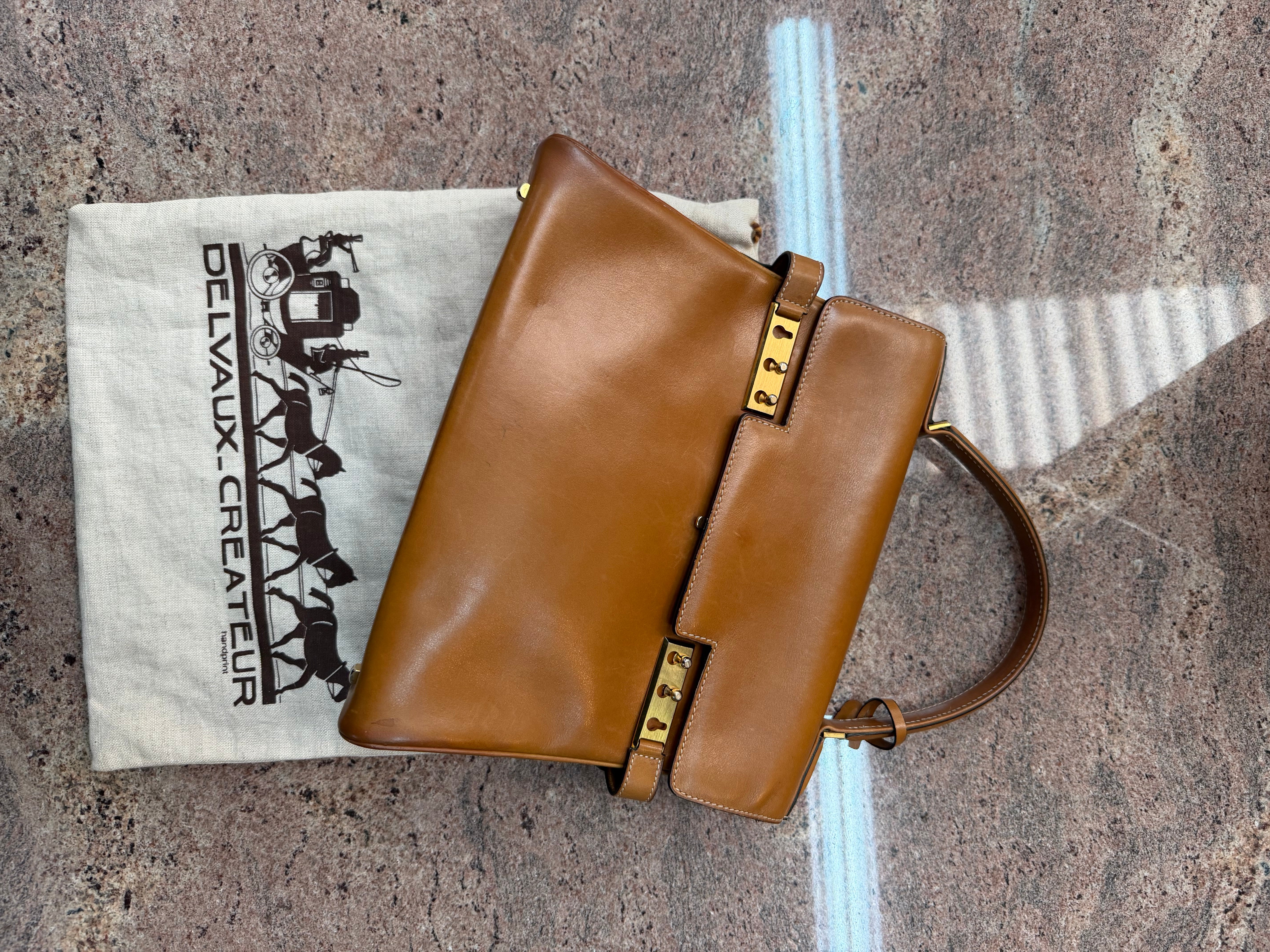 Vintage Delvaux Tempete MM Handbag – Cognac Leather – With Mirror & Original Dustbag