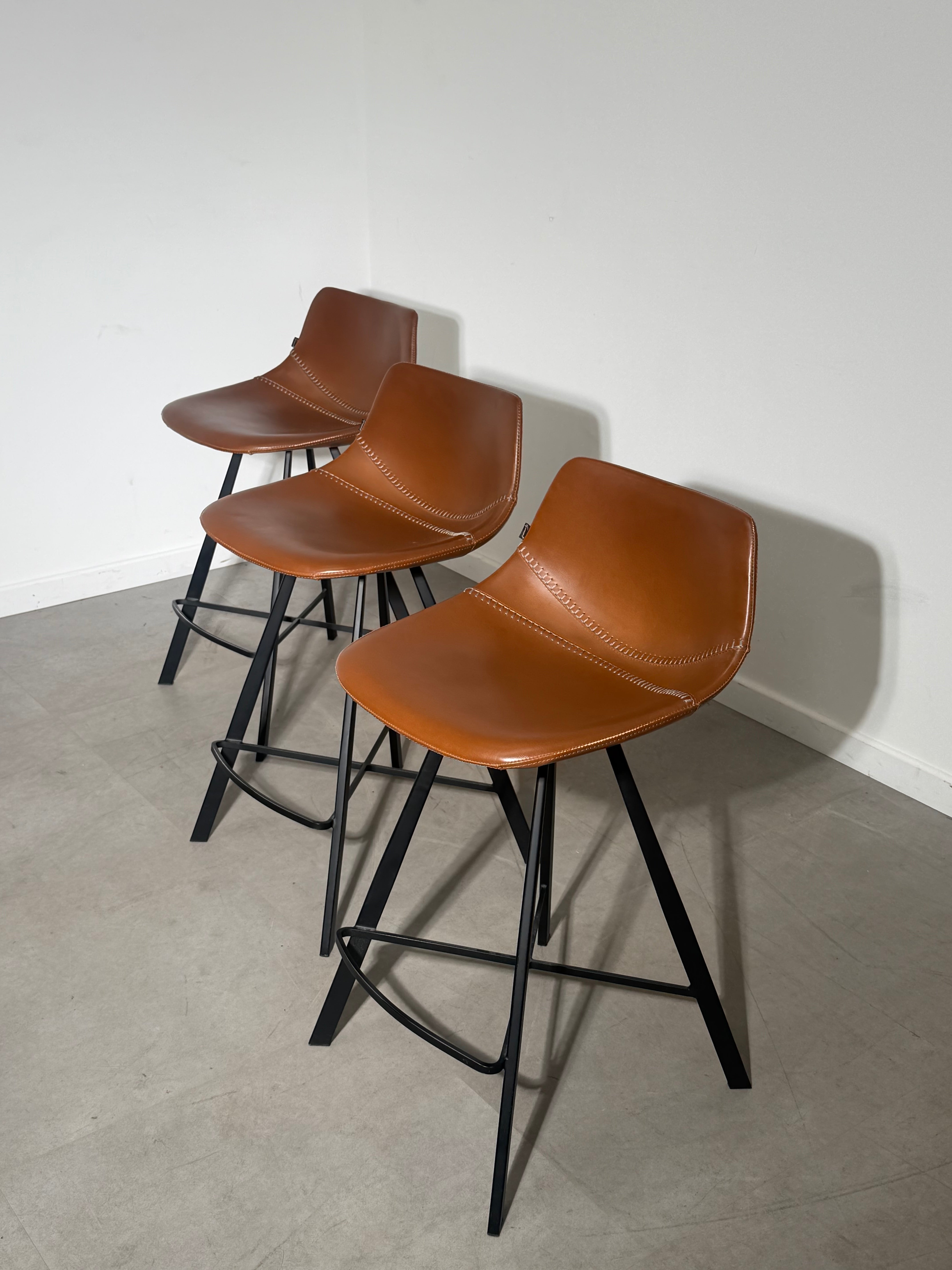 Set of 3 Goossens Wonen & Slapen Cognac Leather Bar Chairs