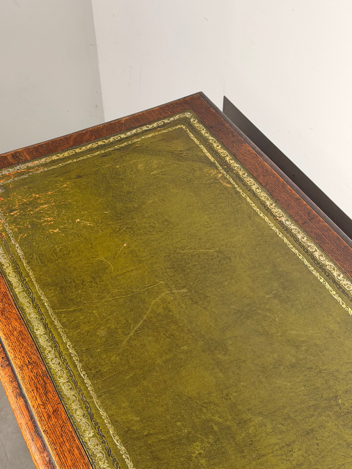 Antique Oak Writing Desk with Green Leather Top and Four Drawers