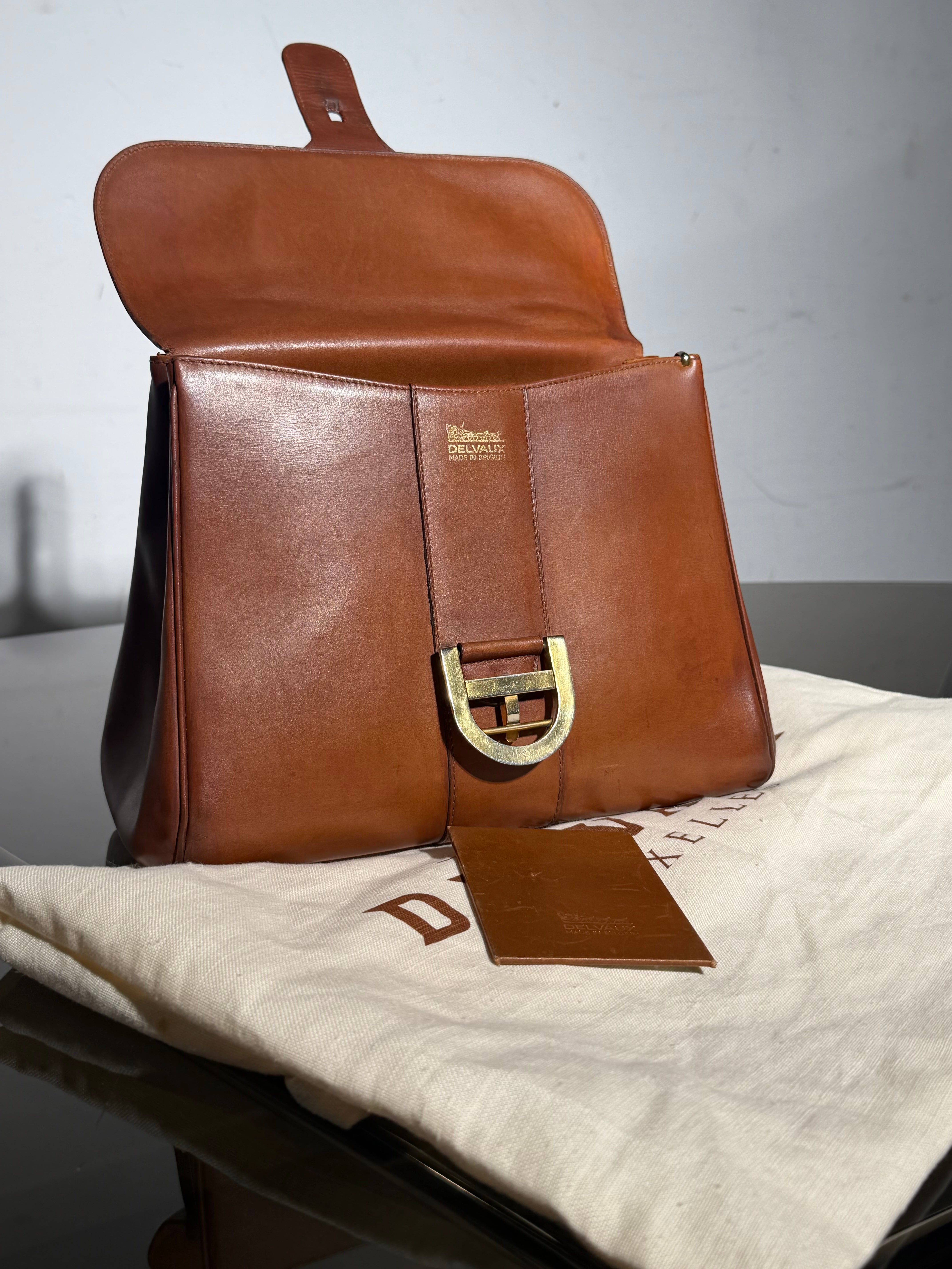 Delvaux Brillant MM Handbag Cognac Brown Leather With Mirror & Dustbag
