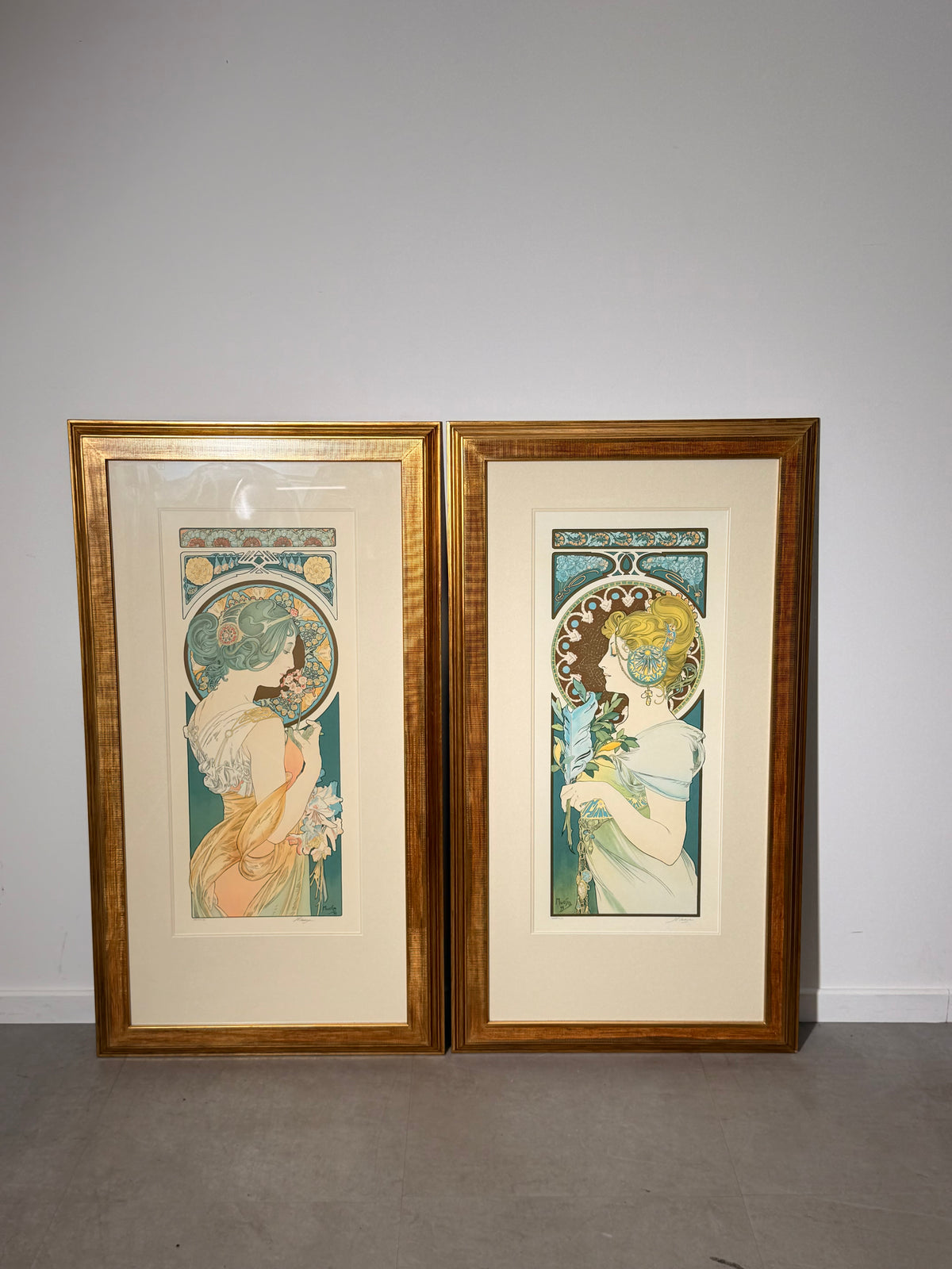 After Alphonse Mucha – Primrose & Feather – Set of Two Framed Colour Lithographs