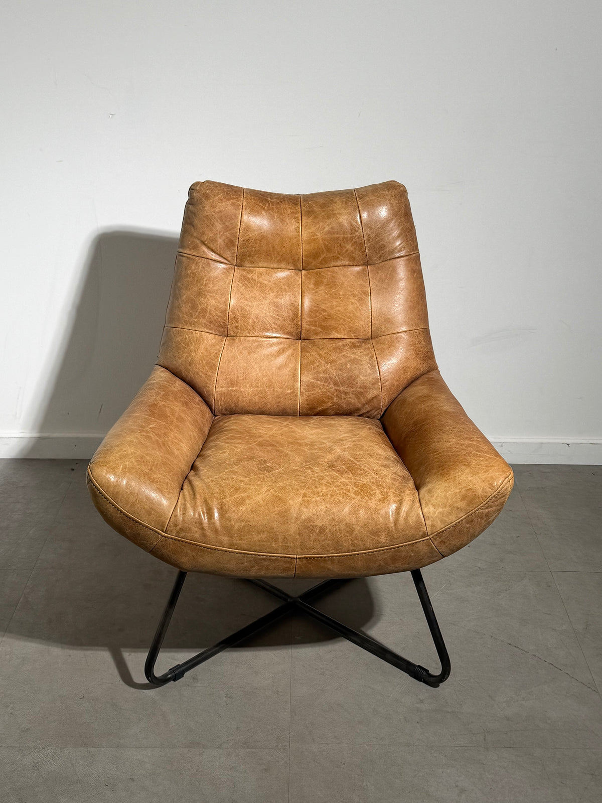 Cognac Leather Armchair with Industrial Metal Base