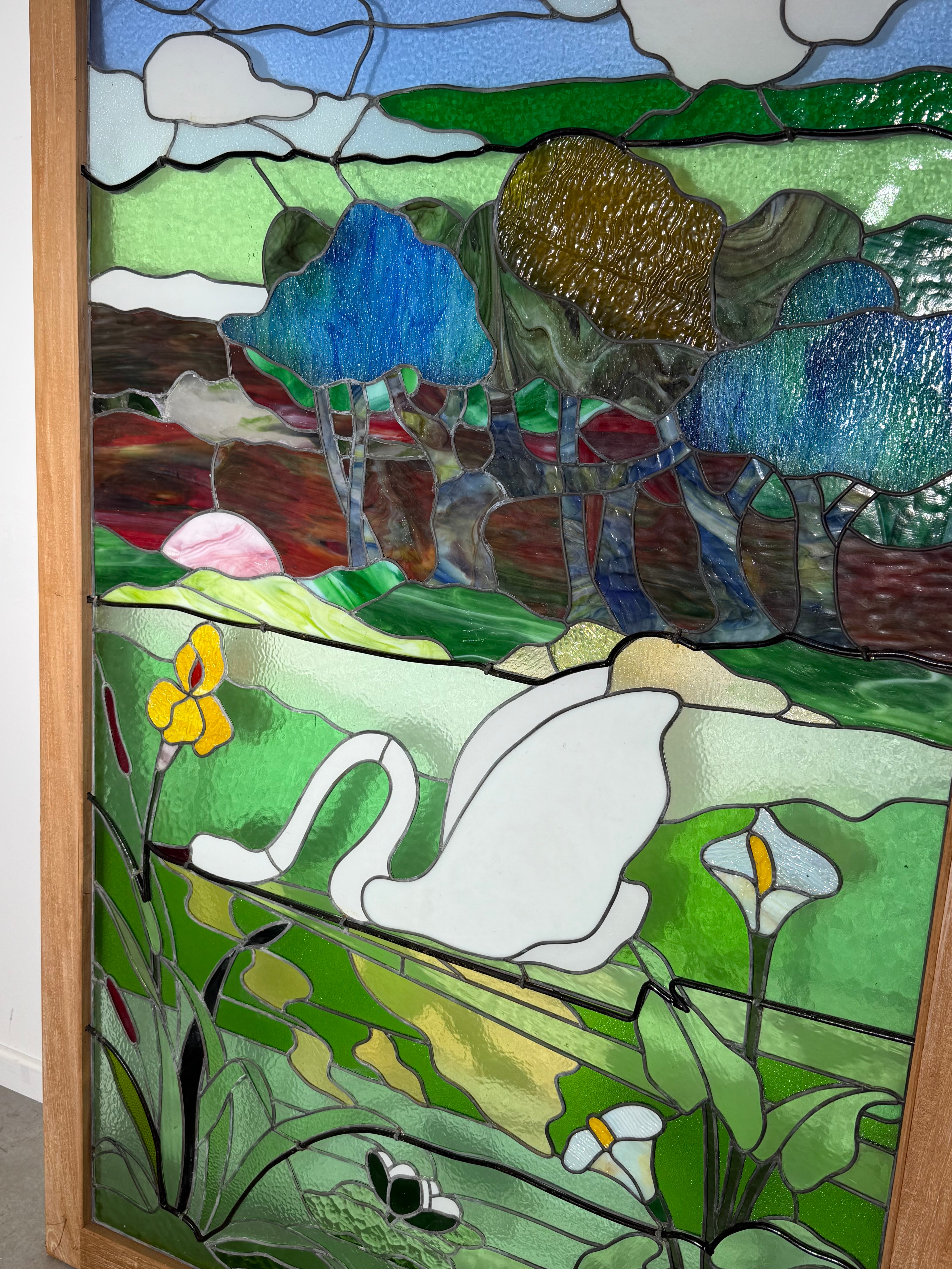 Large Stained Glass Panel with Swan Landscape