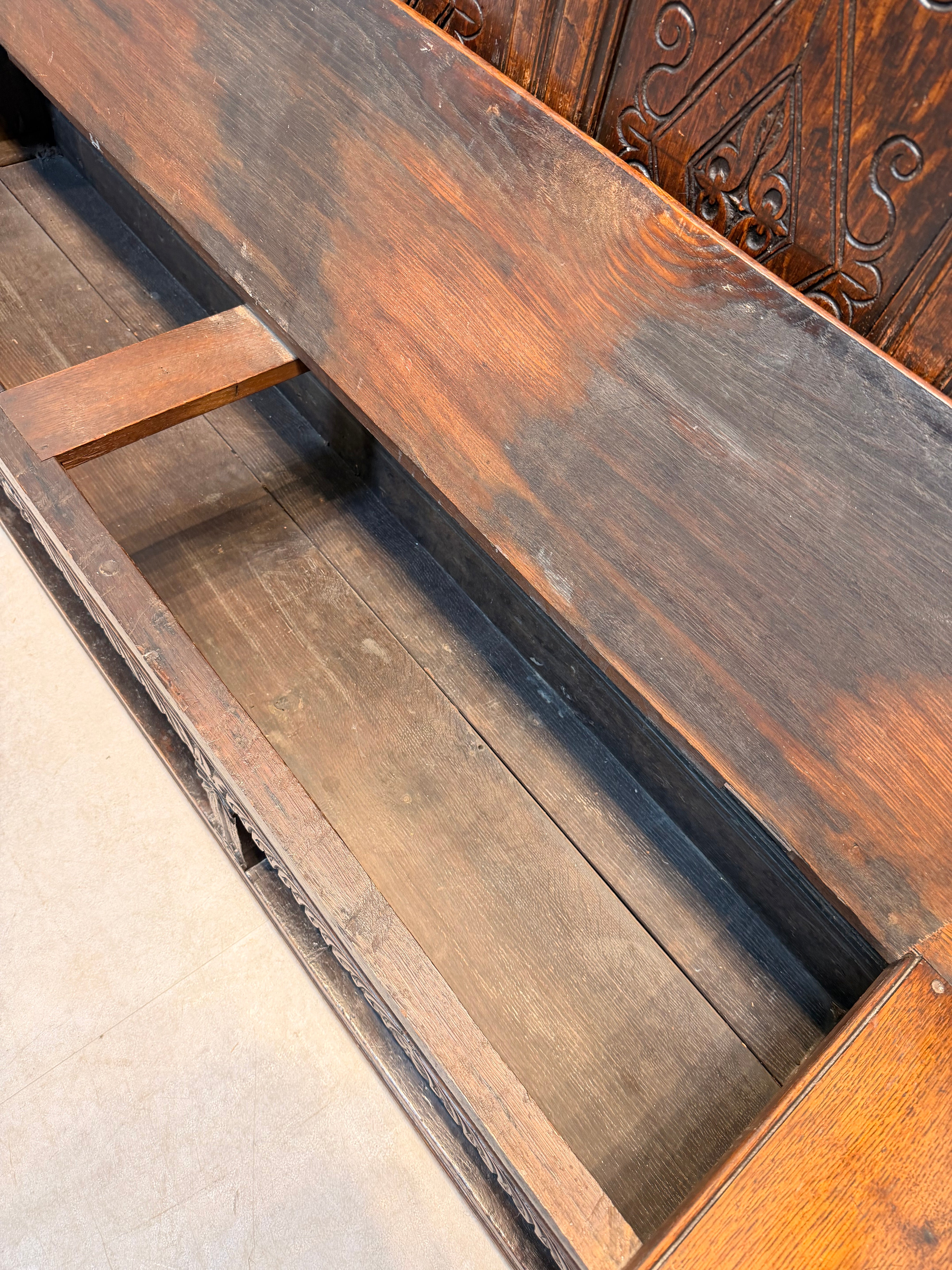 Antique Carved Oak Monks Bench with Storage Chest