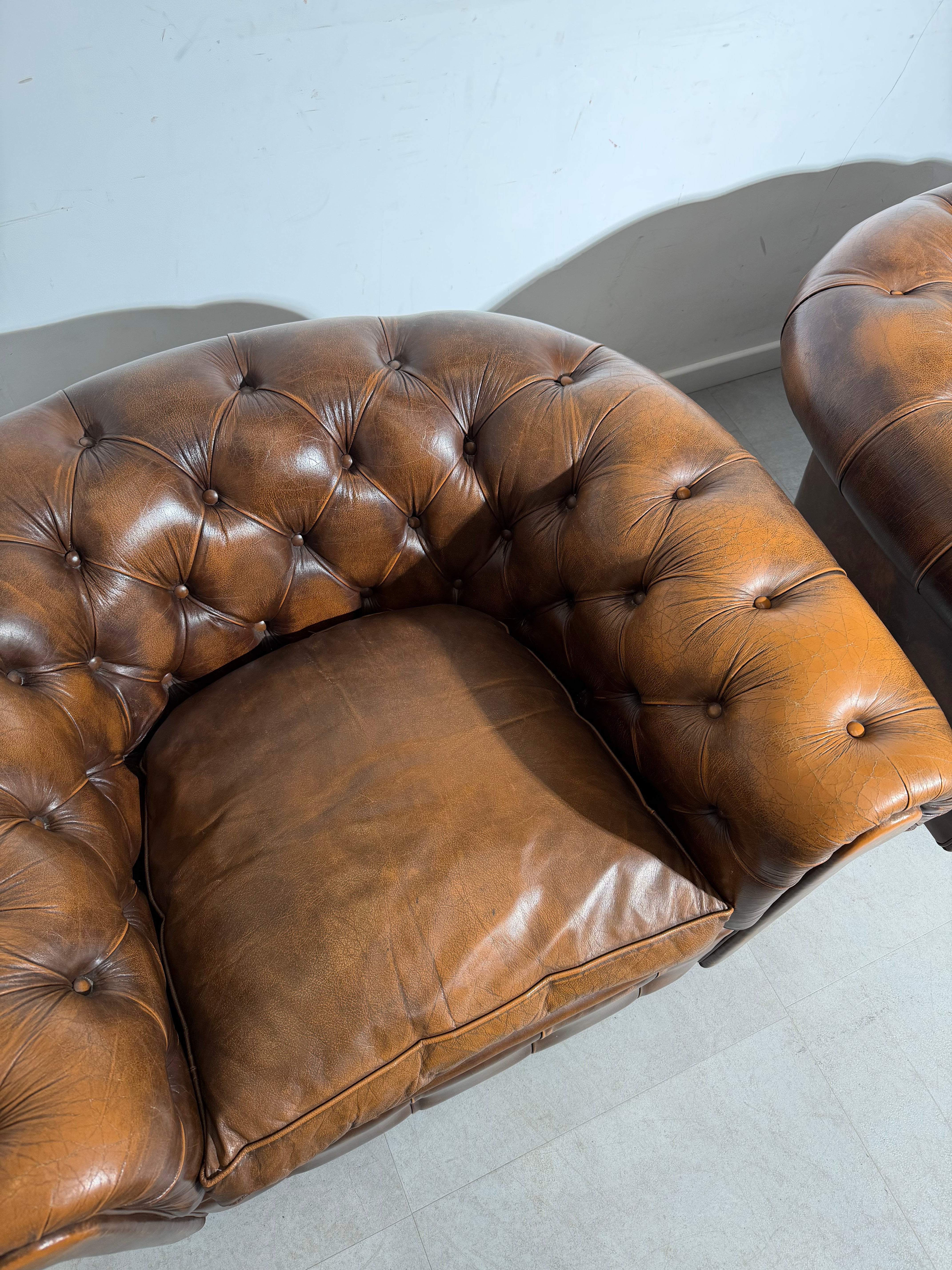 Pair of Vintage Chesterfield Club Chairs in Cognac Leather – Beautiful Patina