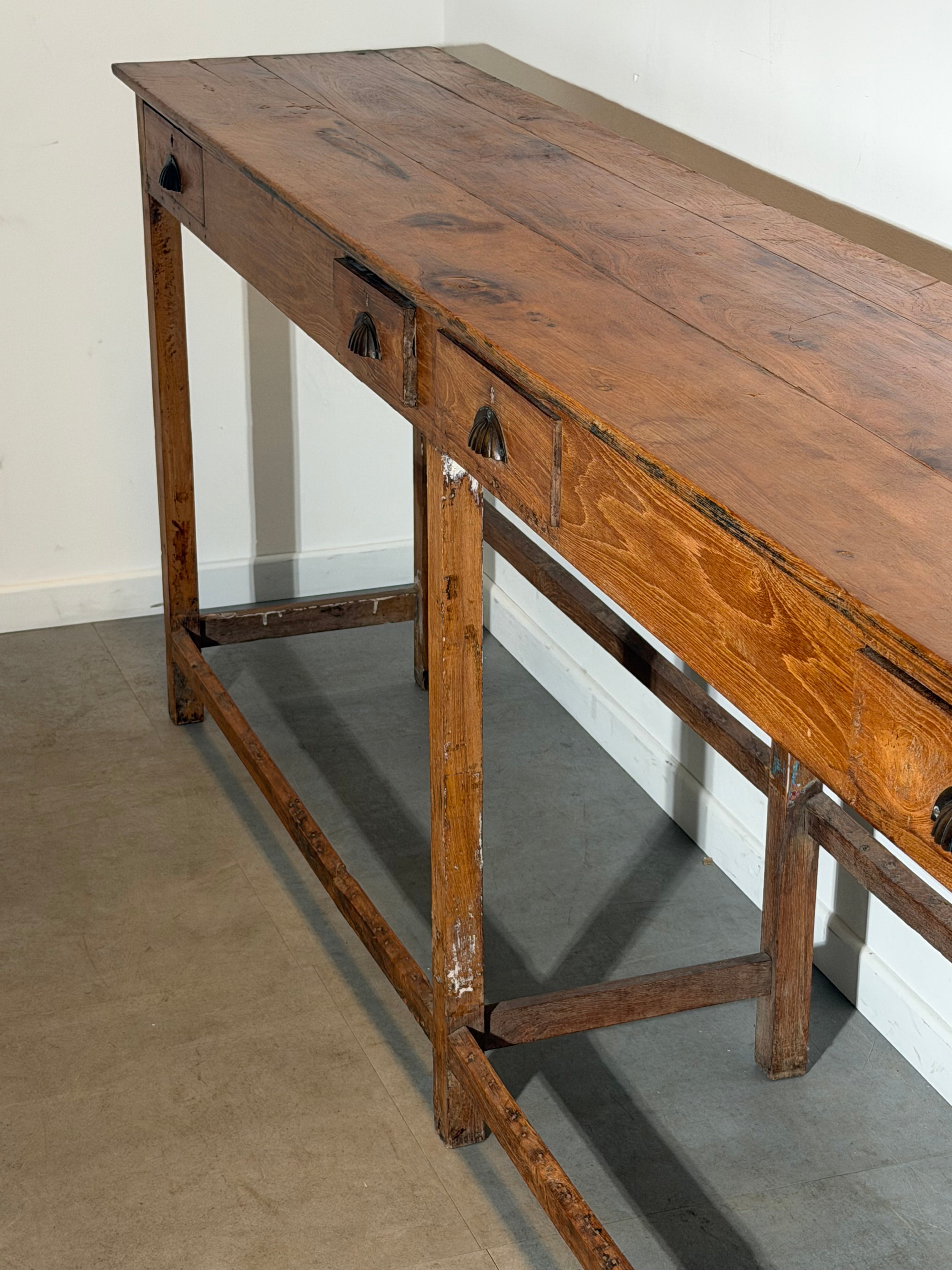 Antique Solid Oak Console Table with Four Drawers