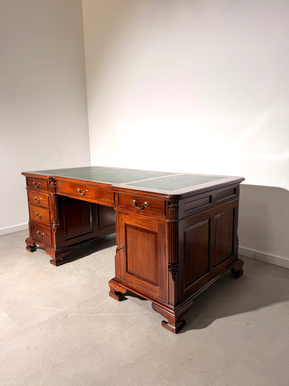 Large Executive Partner Desk in Mahogany with Green Leather Inlay