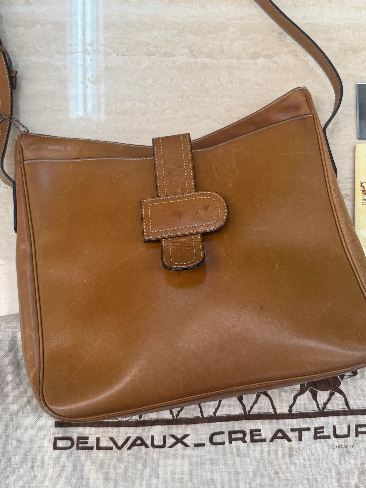 Vintage Delvaux Cognac Leather Shoulder Bag – With Dust Bag, Mirror & Certificate