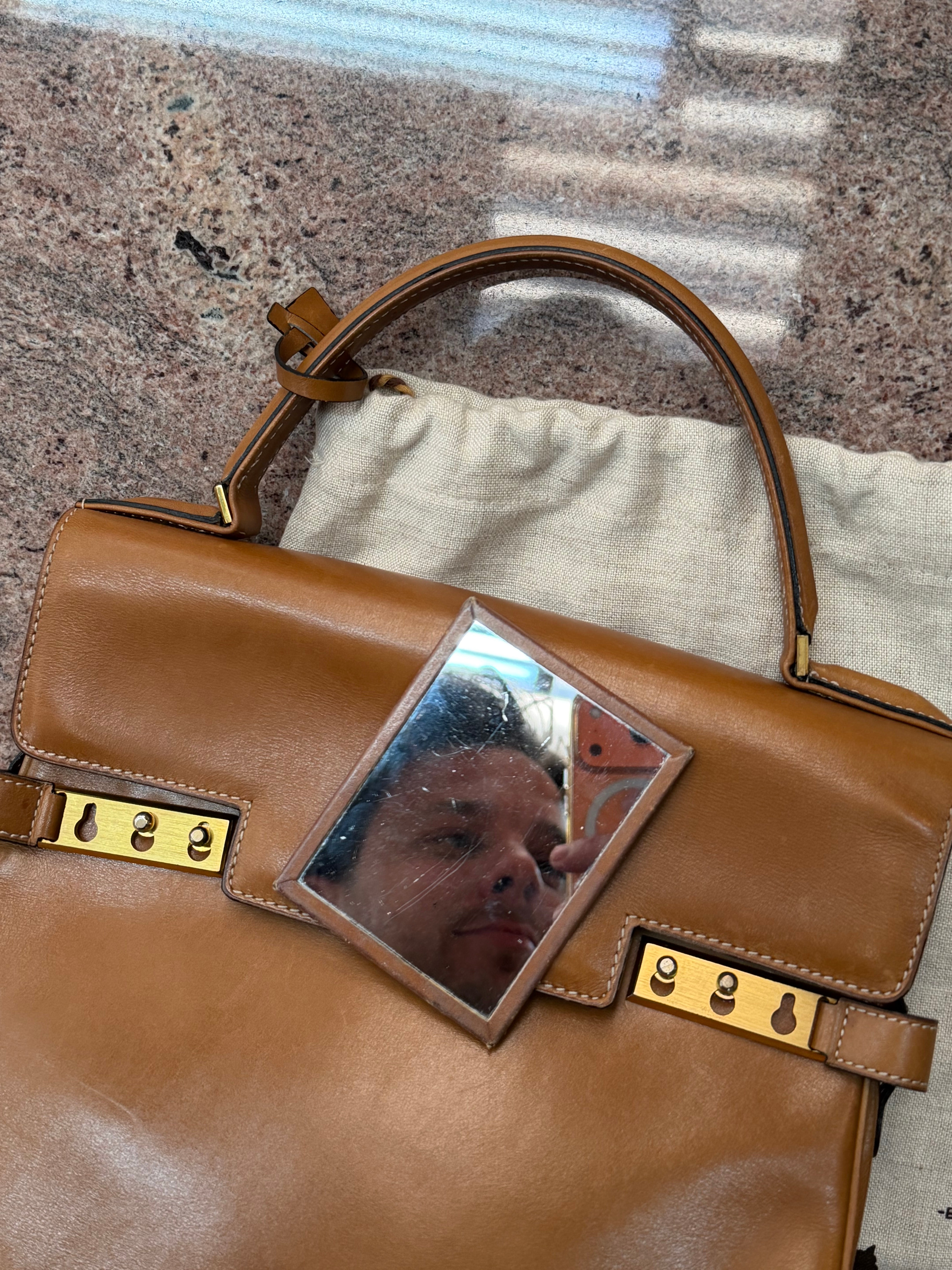 Vintage Delvaux Tempete MM Handbag – Cognac Leather – With Mirror & Original Dustbag