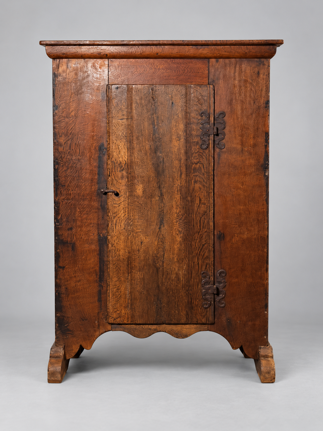 19th-Century Wooden Cabinet with Decorative Iron Hinges — 134 × 85 × 42 cm