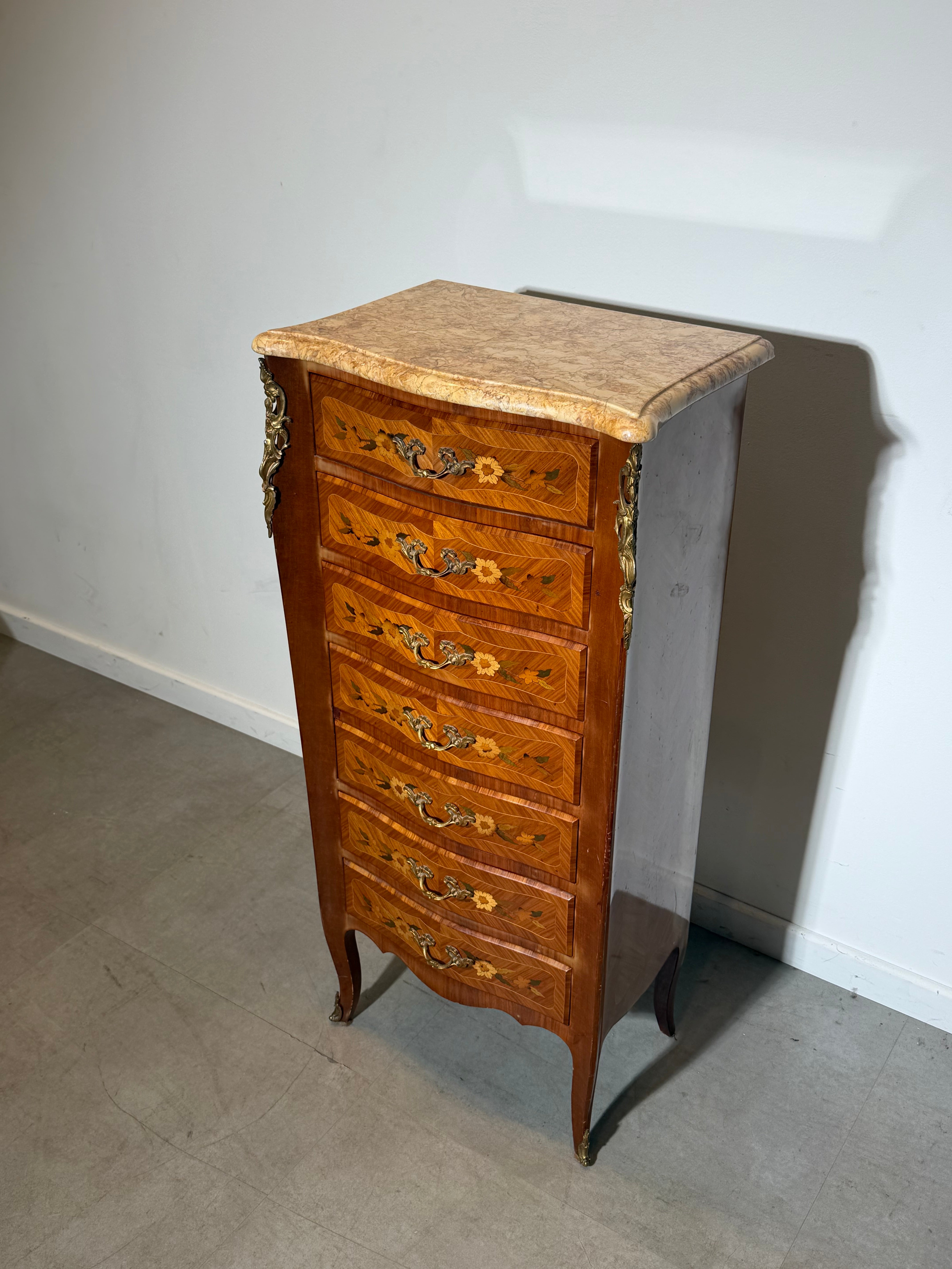 French Louis XV Marquetry Tall Chest of Drawers with Marble Top