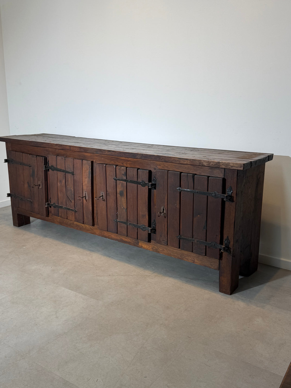 Large Brutalist Solid Wood Sideboard with Hand-Forged Iron Hardware
