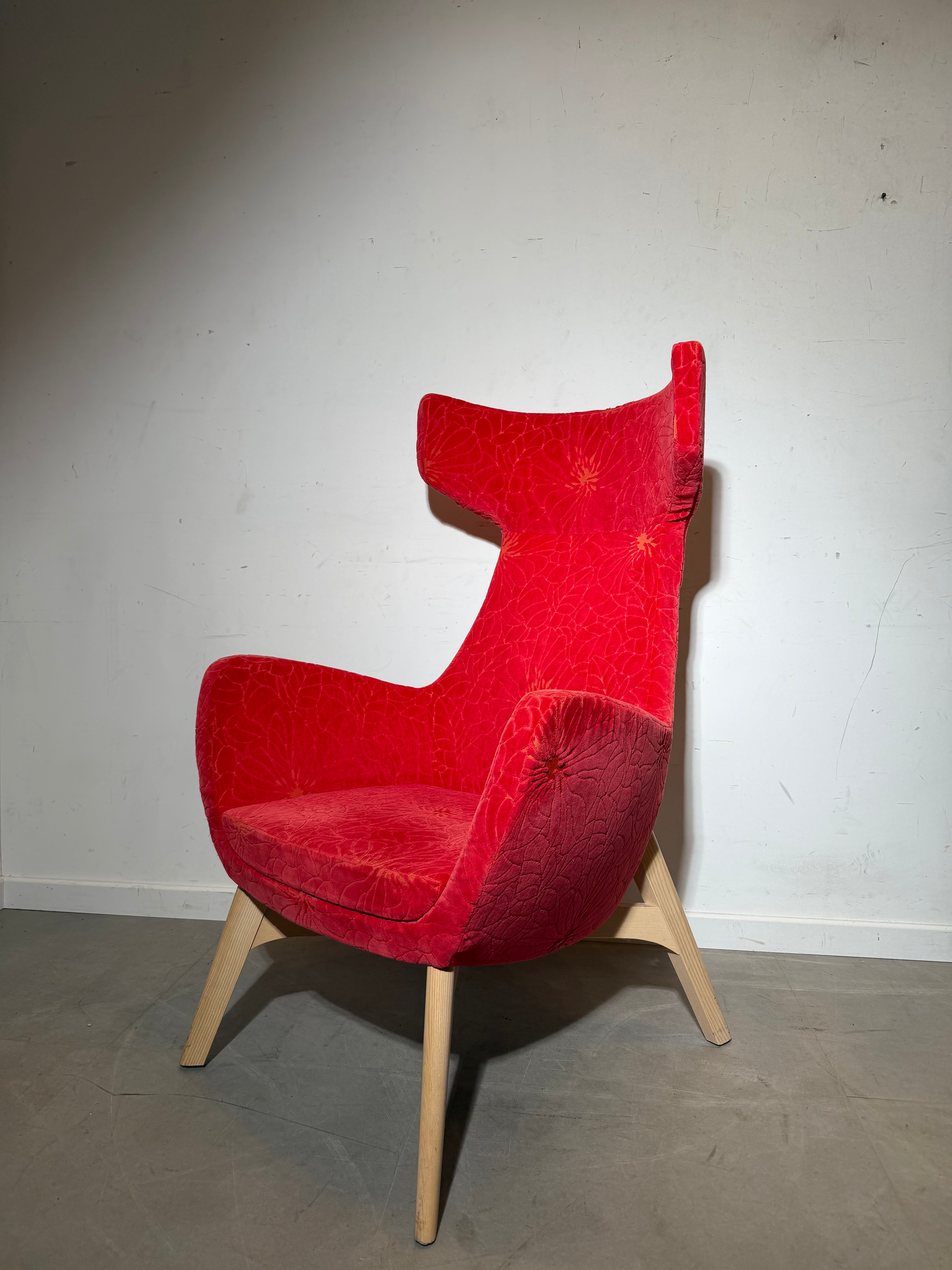 High Back Accent Lounge Chair in Red Floral Velvet