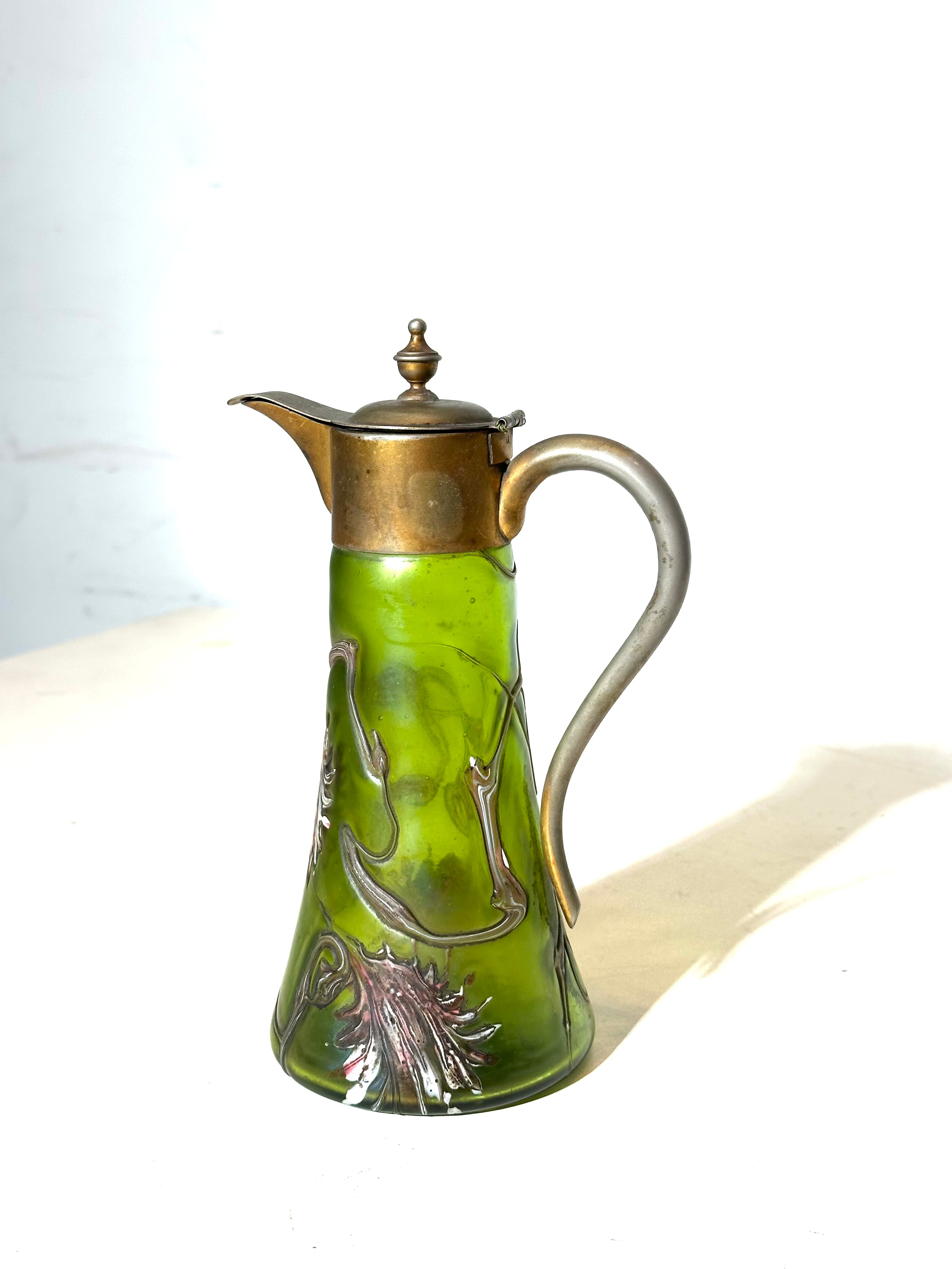 Lötz Art Nouveau glass claret jug with pewter mount
