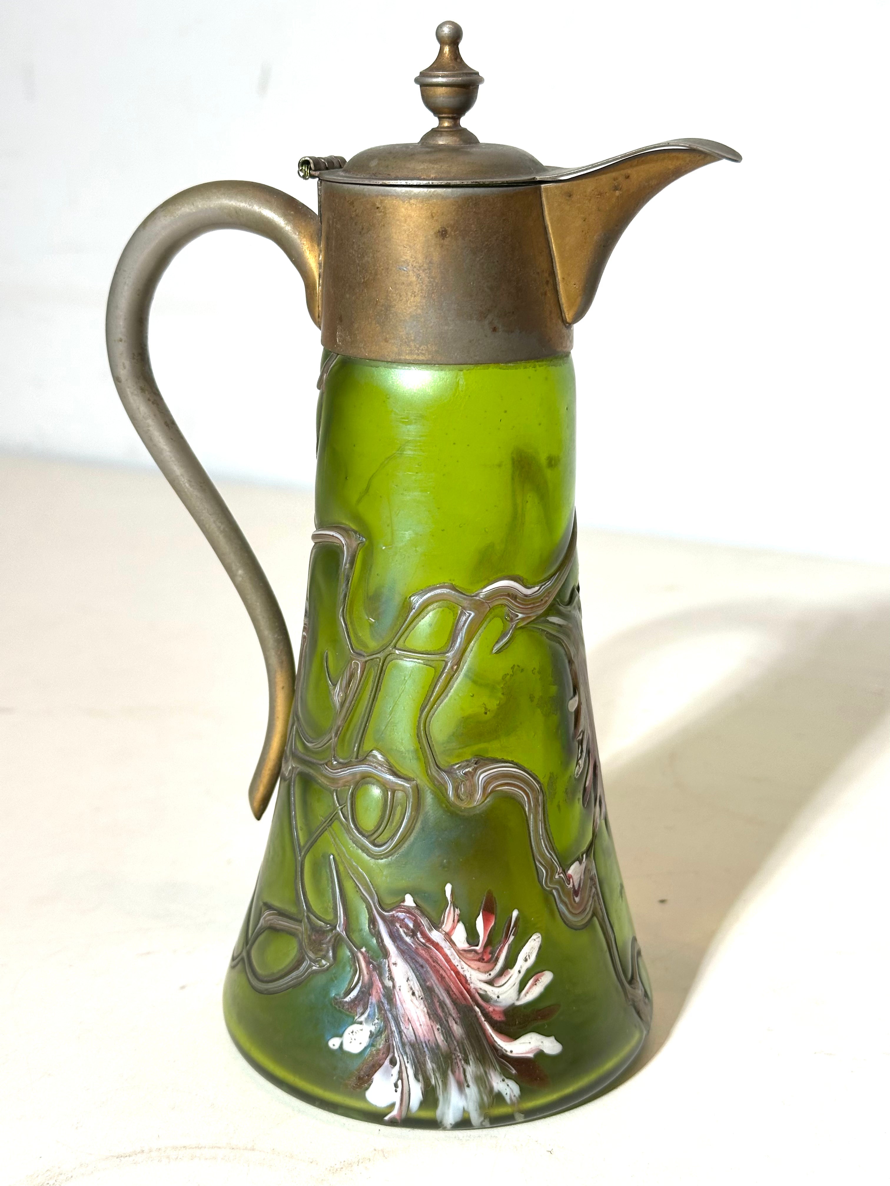 Lötz Art Nouveau glass claret jug with pewter mount