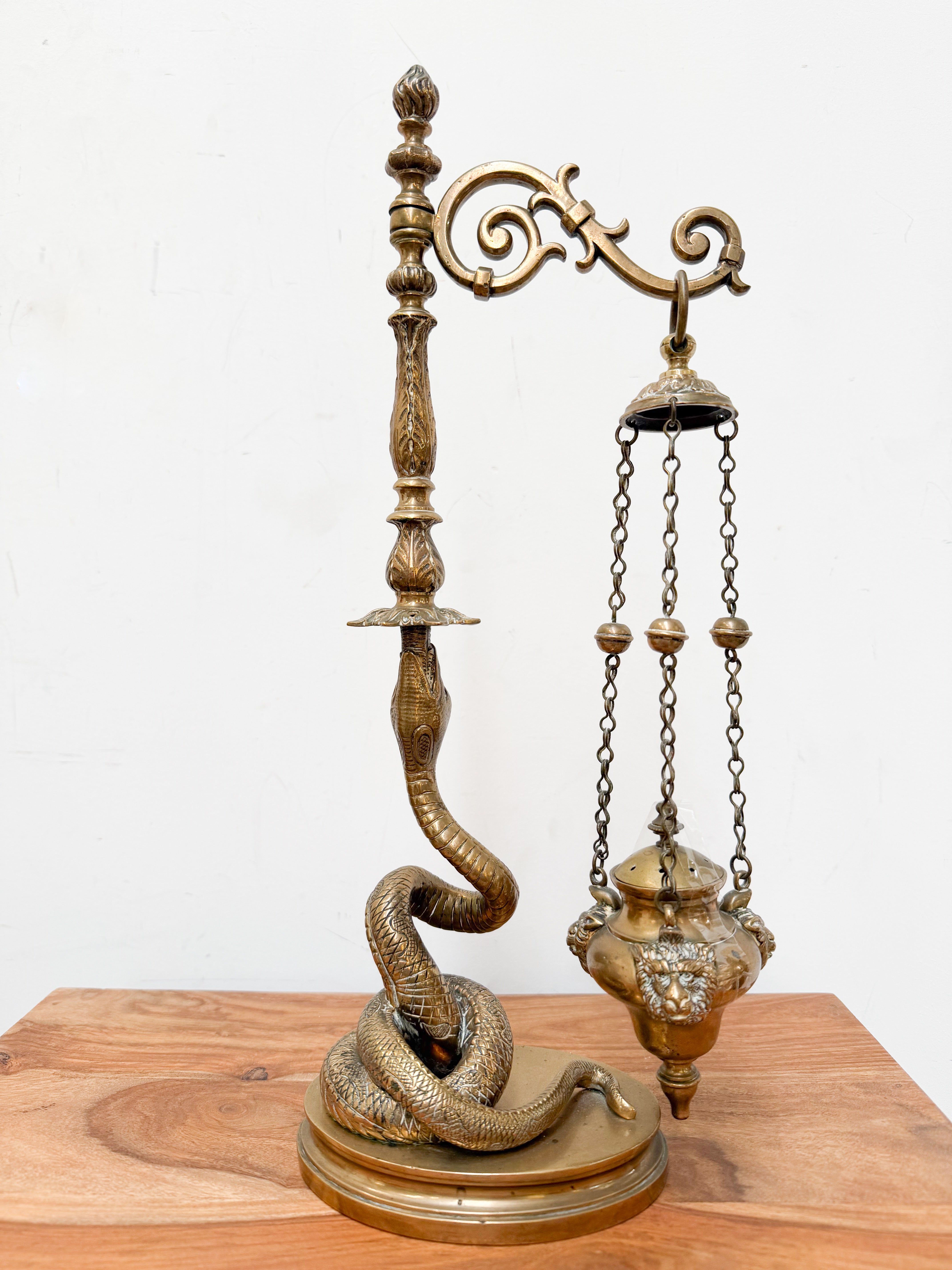 Rare Bronze Oil Lamp with Snake Base and Monkey Heads – Antique Decorative Piece