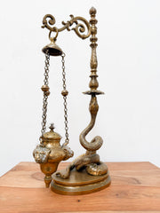 Rare Bronze Oil Lamp with Snake Base and Monkey Heads – Antique Decorative Piece