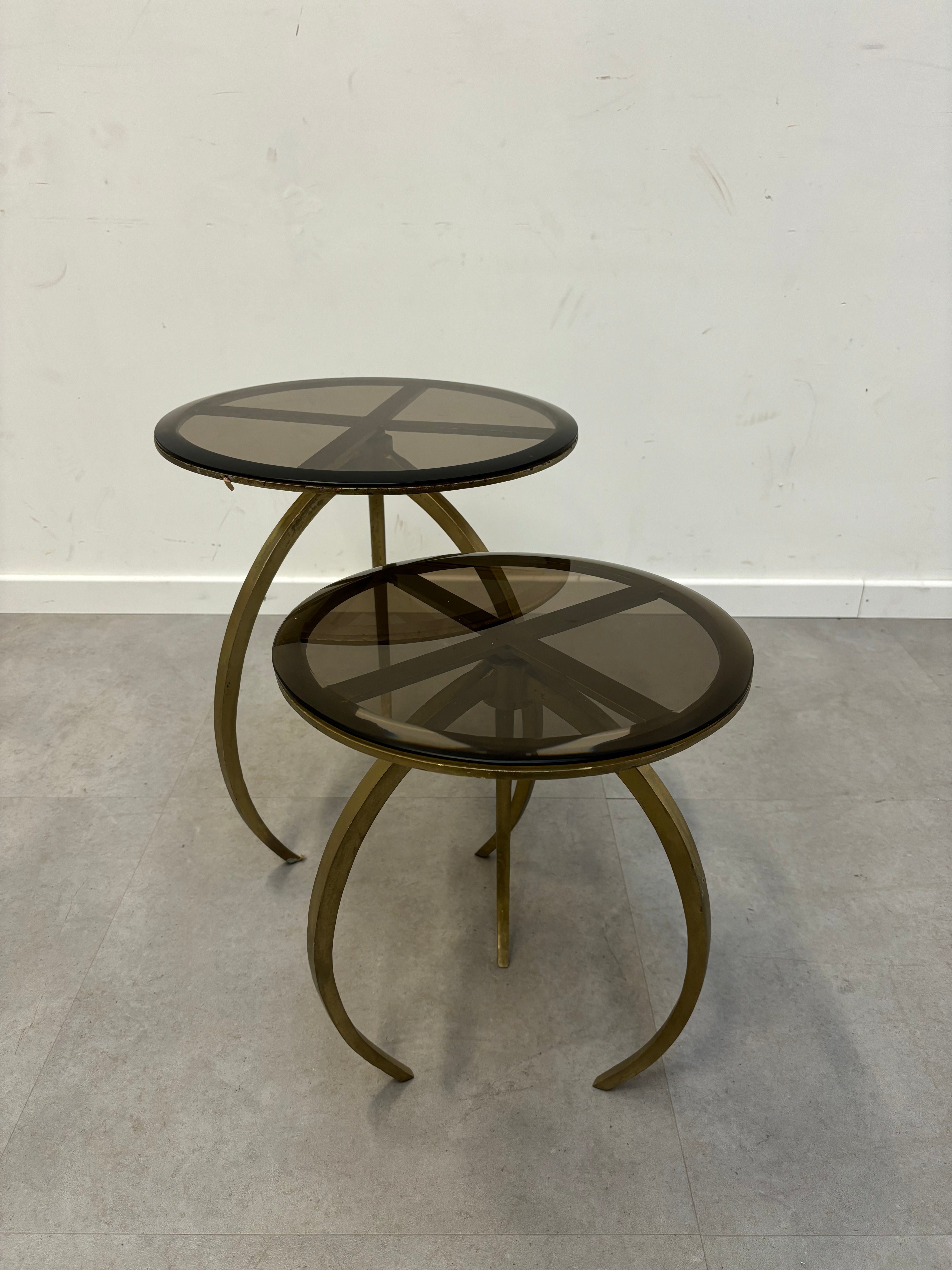 Set of two bronze sidetables with glass